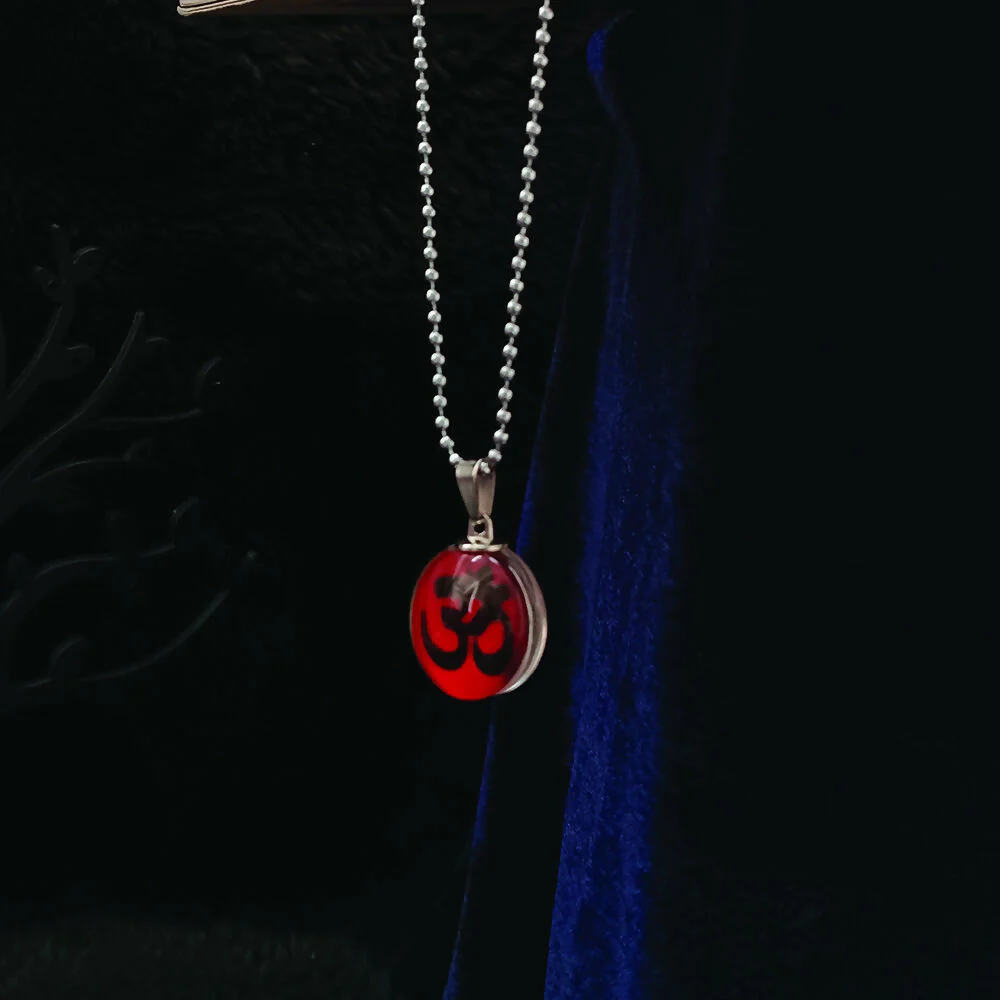 Glass Framed Orange Enamel Om Locket Chain Pendant - Image 3