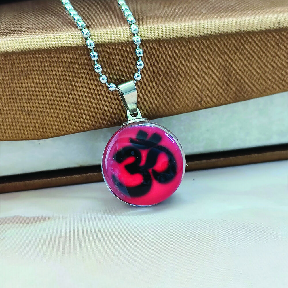 Glass Framed Orange Enamel Om Locket Chain Pendant - Image 4