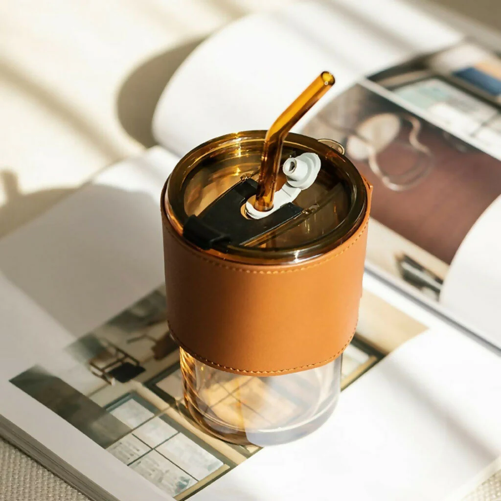 Glass Tumbler with Straw and Lid Portable Juice Coffee Cup - Image 2