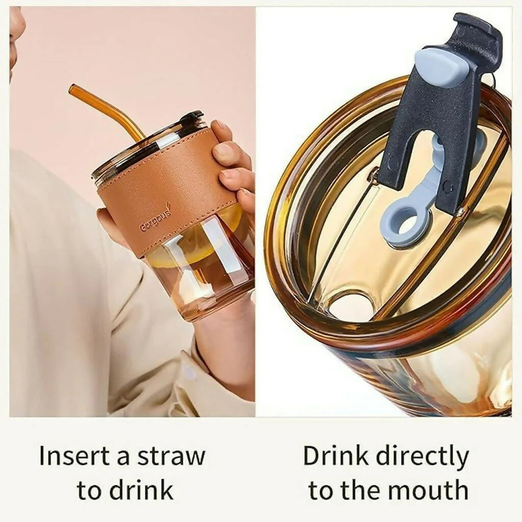 Glass Tumbler with Straw and Lid Portable Juice Coffee Cup - Image 3