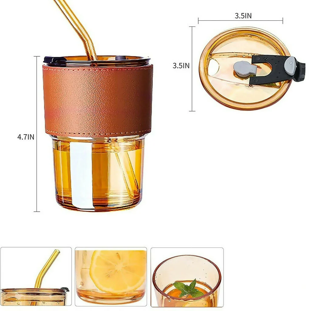 Glass Tumbler with Straw and Lid Portable Juice Coffee Cup - Image 5
