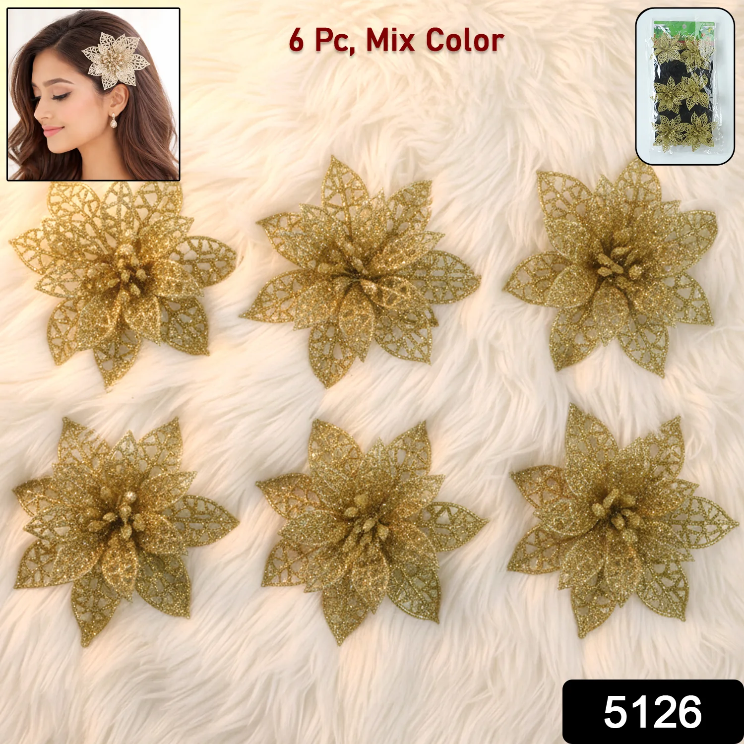 Glitter Flower Hair Clip Set (6 Pc Mix Color Set) - Image 2