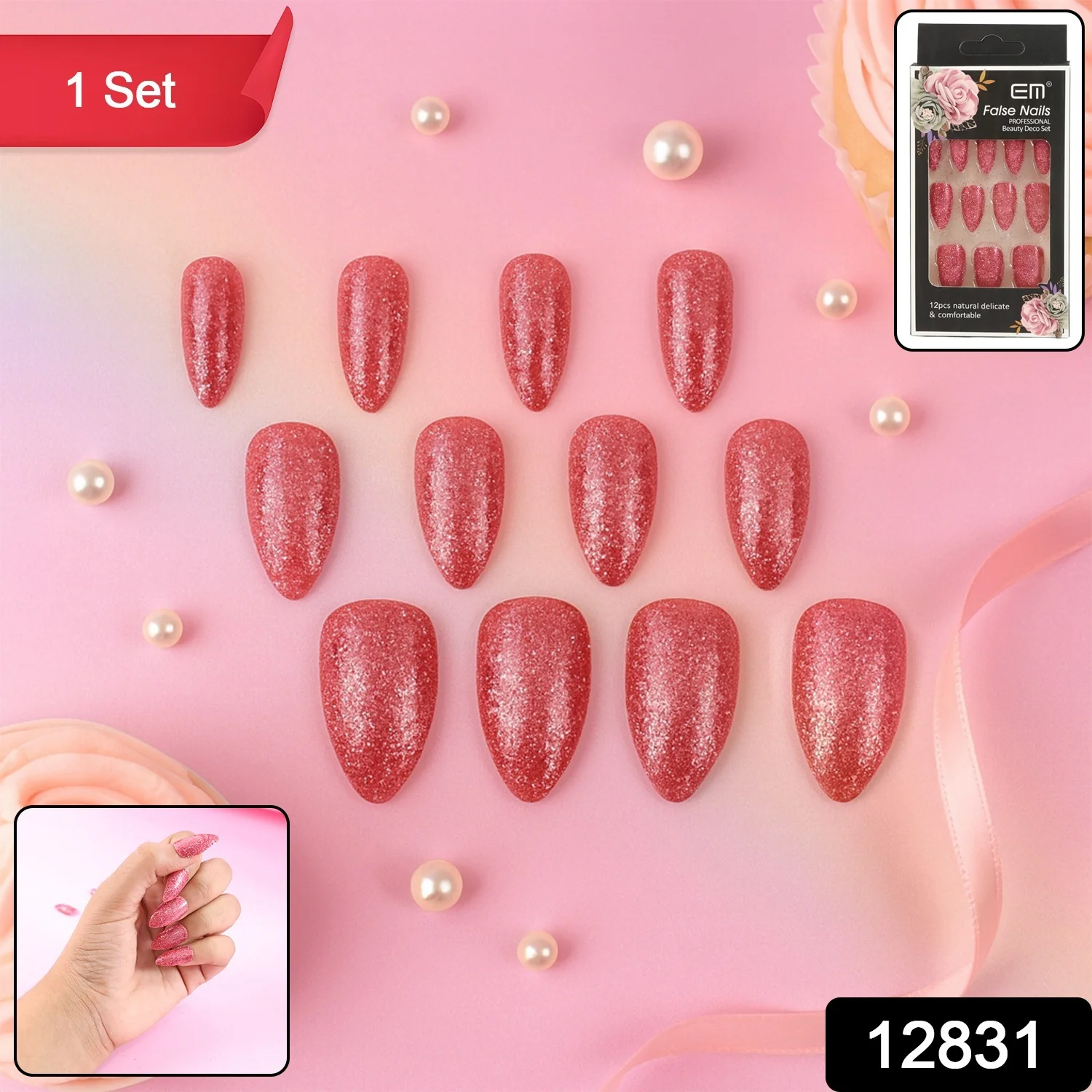 Glitter Press-On False Nails fake nails - (1 Set / Mix Color & Design) - Image 2