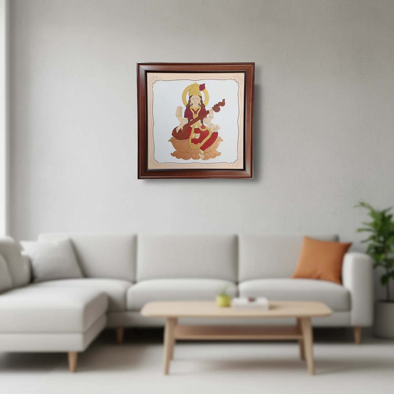 Goddess Saraswati Wooden Framed Wall Art | Handcrafted Hindu Religious Painting for Home, Office & Pooja Room | Premium Spiritual Decor - Image 2
