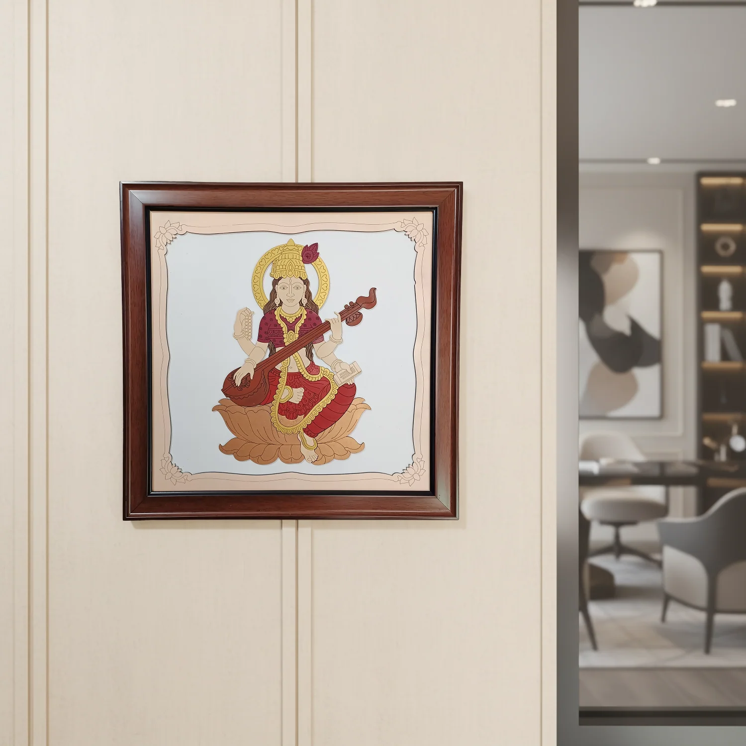 Goddess Saraswati Wooden Framed Wall Art | Handcrafted Hindu Religious Painting for Home, Office & Pooja Room | Premium Spiritual Decor - Image 3