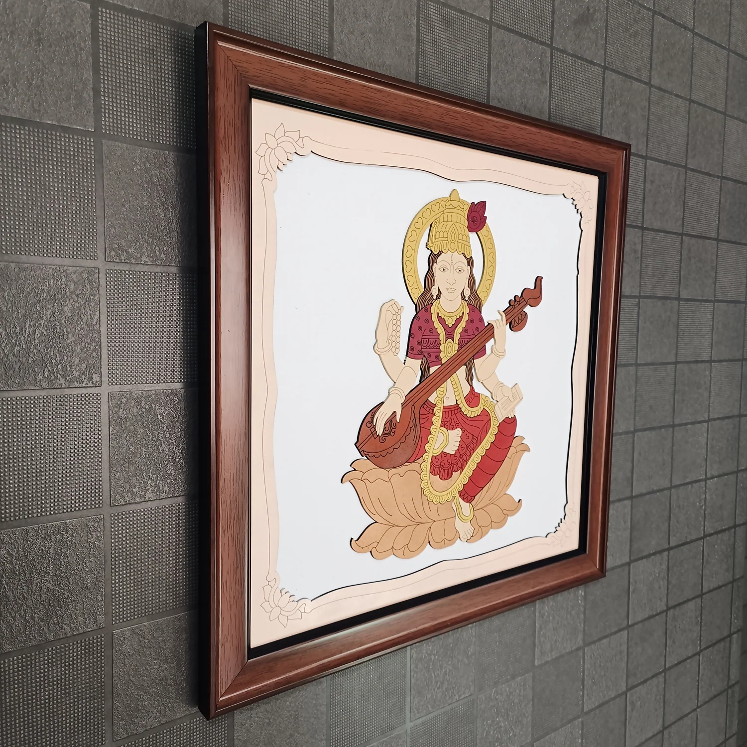 Goddess Saraswati Wooden Framed Wall Art | Handcrafted Hindu Religious Painting for Home, Office & Pooja Room | Premium Spiritual Decor - Image 6