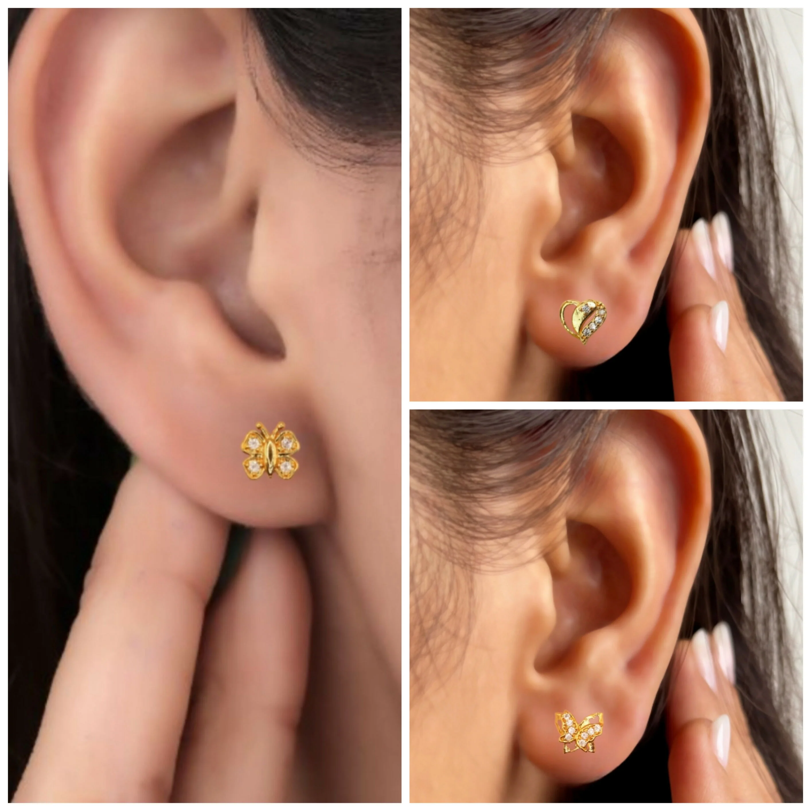 "Gold Butterfly & Heart Stud Earrings AD for women and girls Combo Pack of 3 - Image 2
