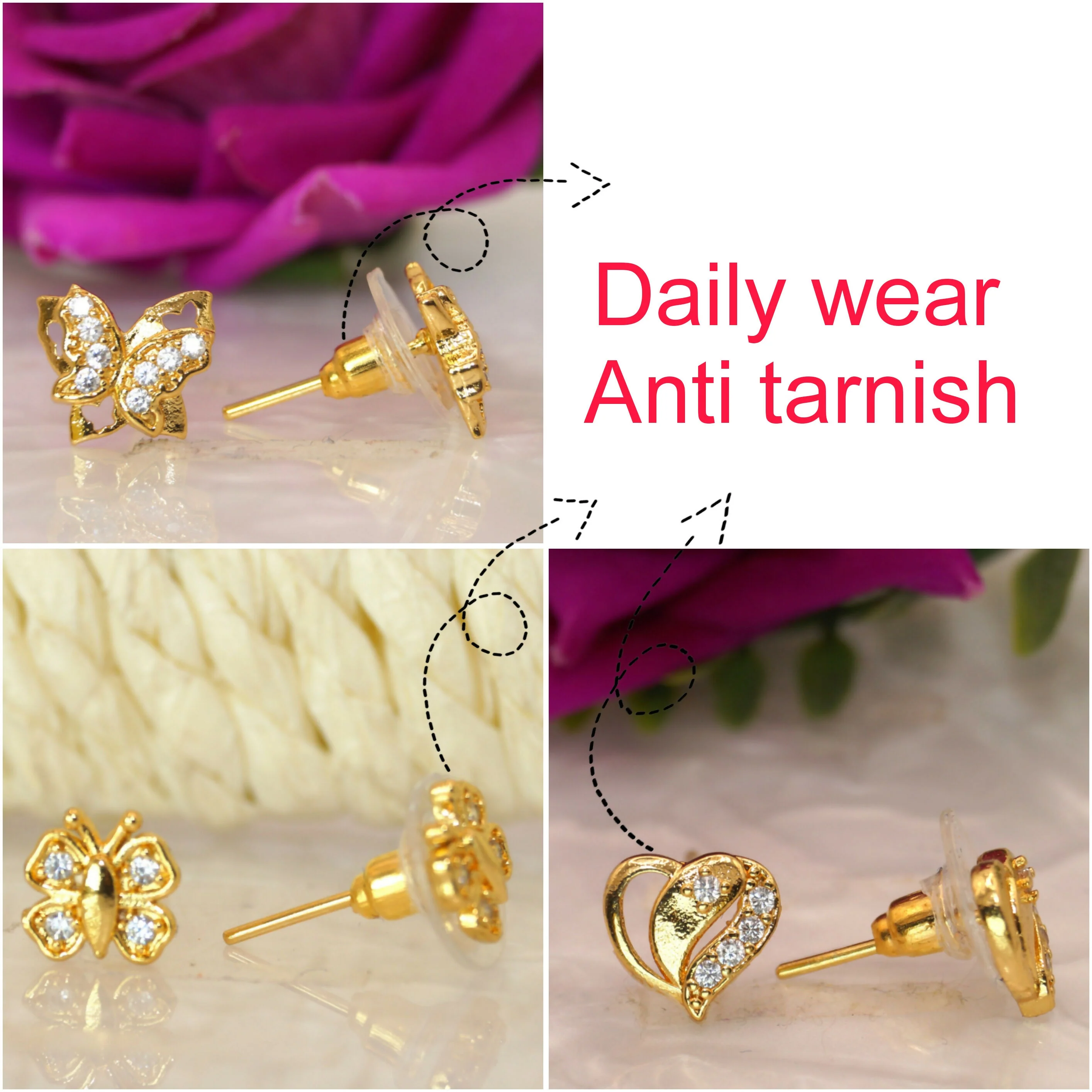 "Gold Butterfly & Heart Stud Earrings AD for women and girls Combo Pack of 3 - Image 3