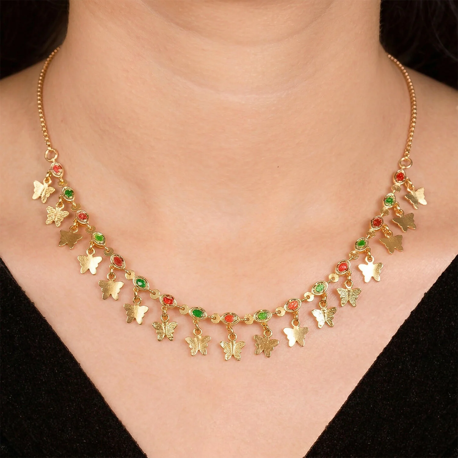 Gold Charm Necklace with Colorful Stones & Butterfly Drops - Image 2