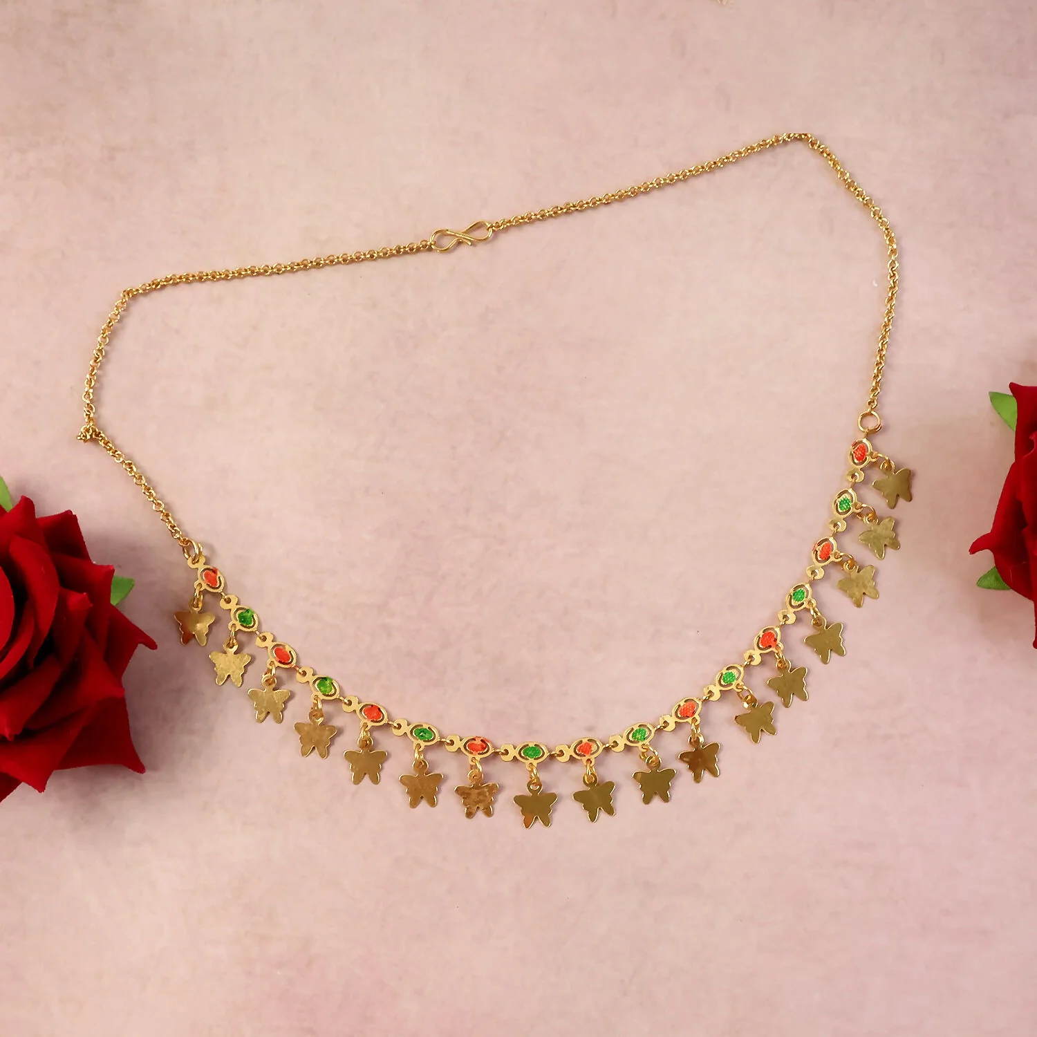 Gold Charm Necklace with Colorful Stones & Butterfly Drops - Image 4
