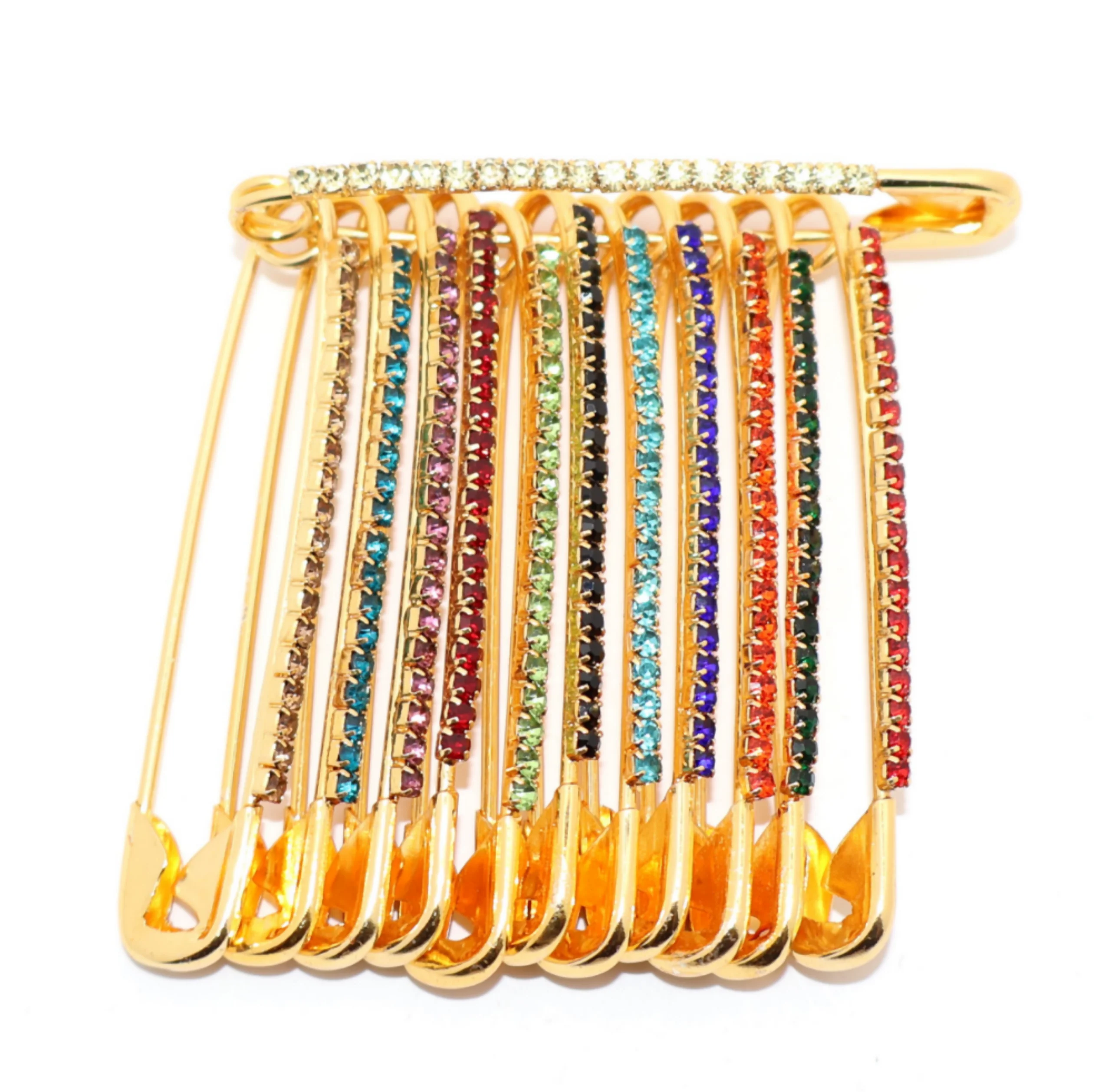 Gold Crystal Safety Pin Brooch - Fan Design Diamond Effect Scarf Clip - Image 2