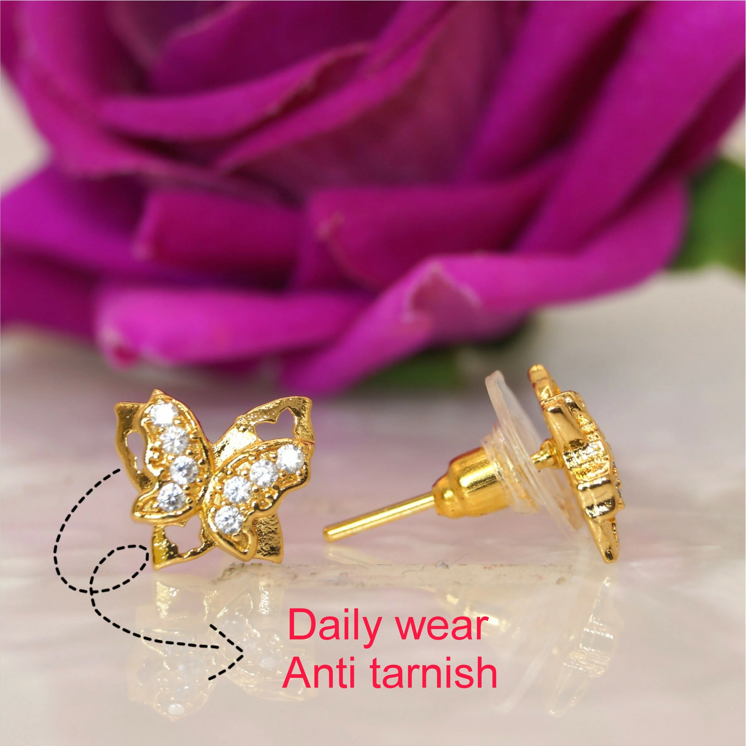 Gold & Diamond-Accented Butterfly Stud Earrings for women & girls - Image 3