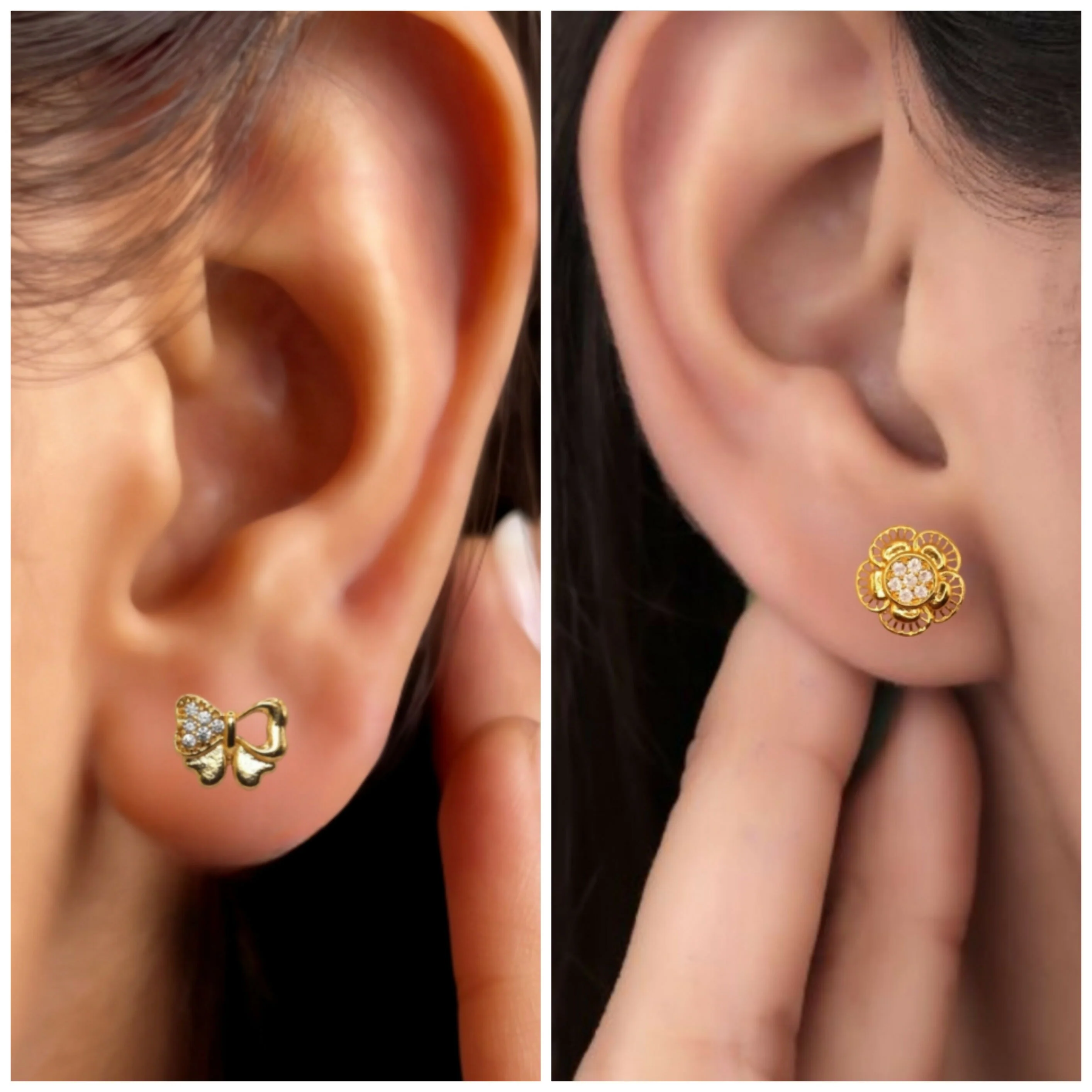 Gold & Diamond Flower & Butterfly Stud Earrings for women & girls Combo Pack of 2 - Image 2