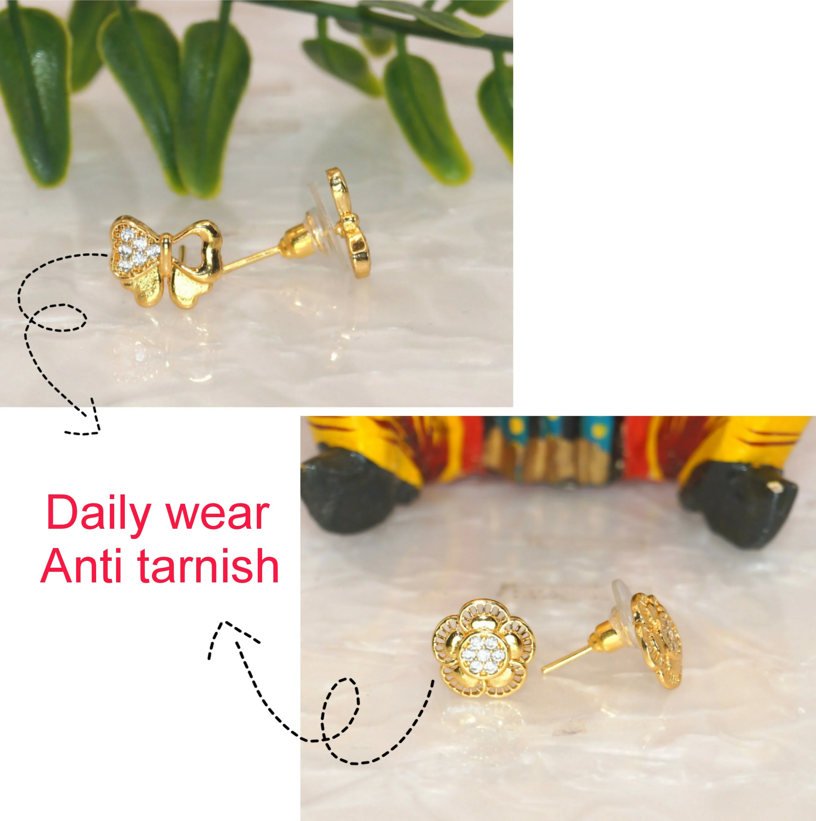 Gold & Diamond Flower & Butterfly Stud Earrings for women & girls Combo Pack of 2 - Image 3