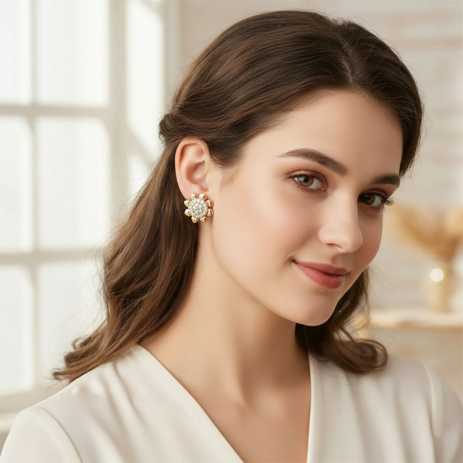 Floral Gold-Finish Stone Stud Earrings for Daily & Party Wear - Image 2