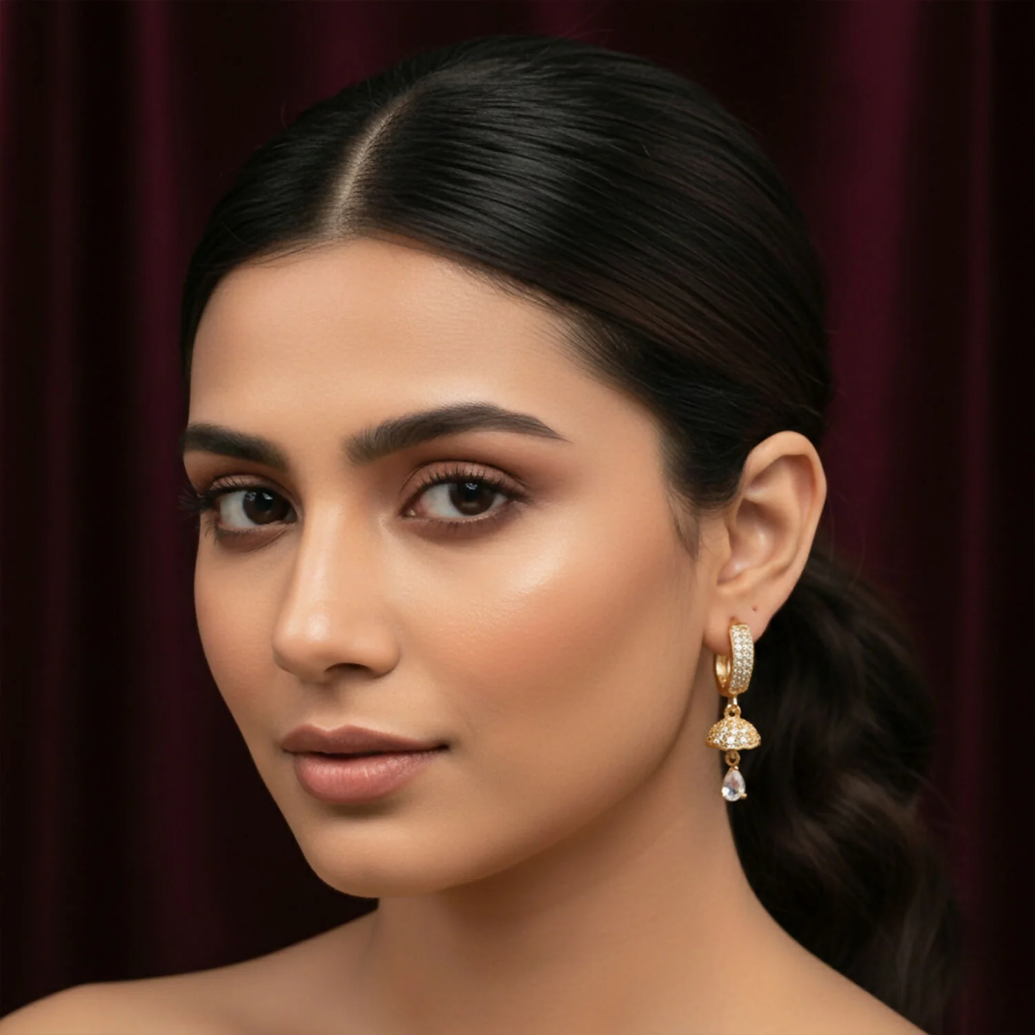 Gold Finish Hoop Earrings with Stone Studded Drop Design for Women & Girls - Image 2