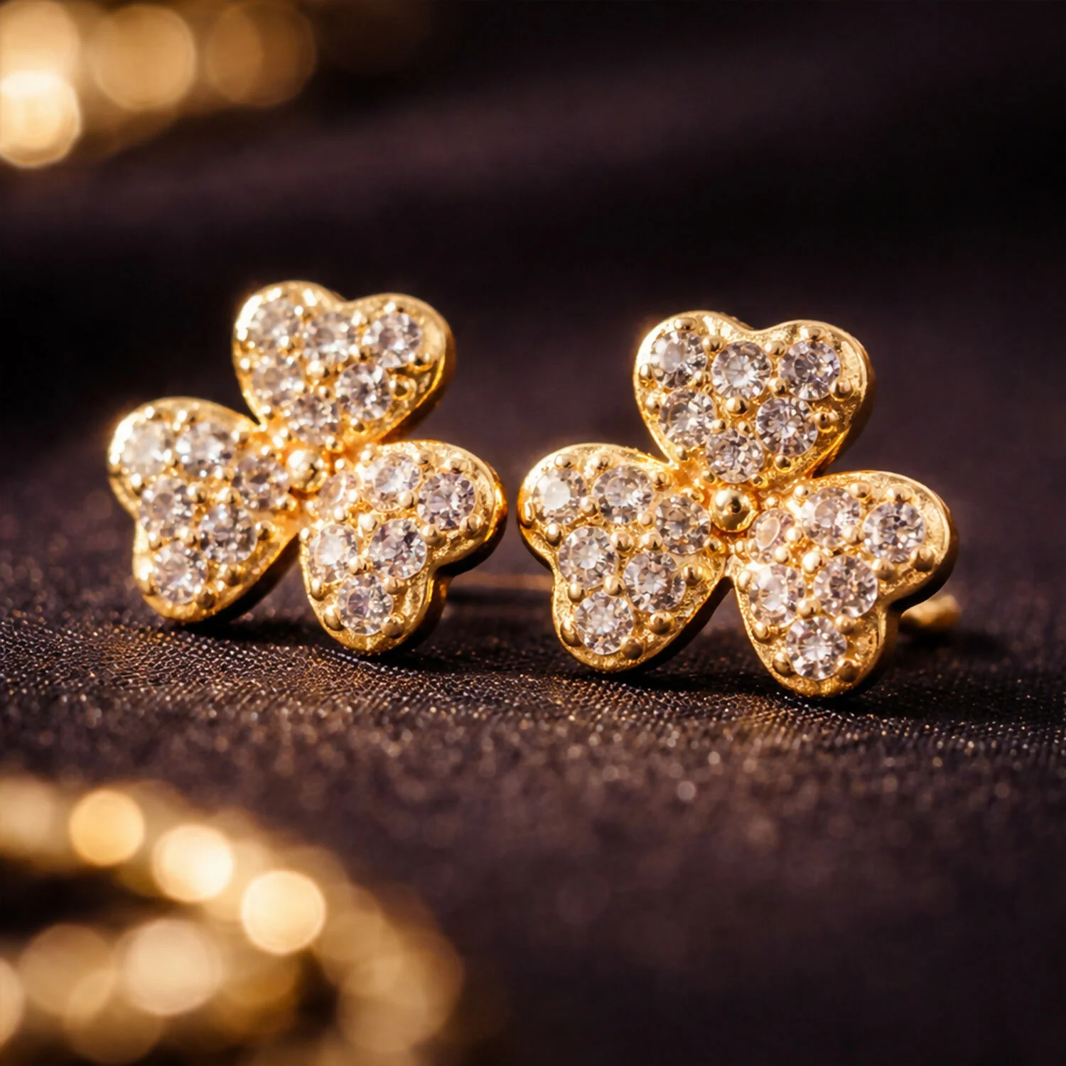 Elegant Clover Flower Design Stud Earrings for Women – Gold Tone Sparkling Floral Earrings - Image 3