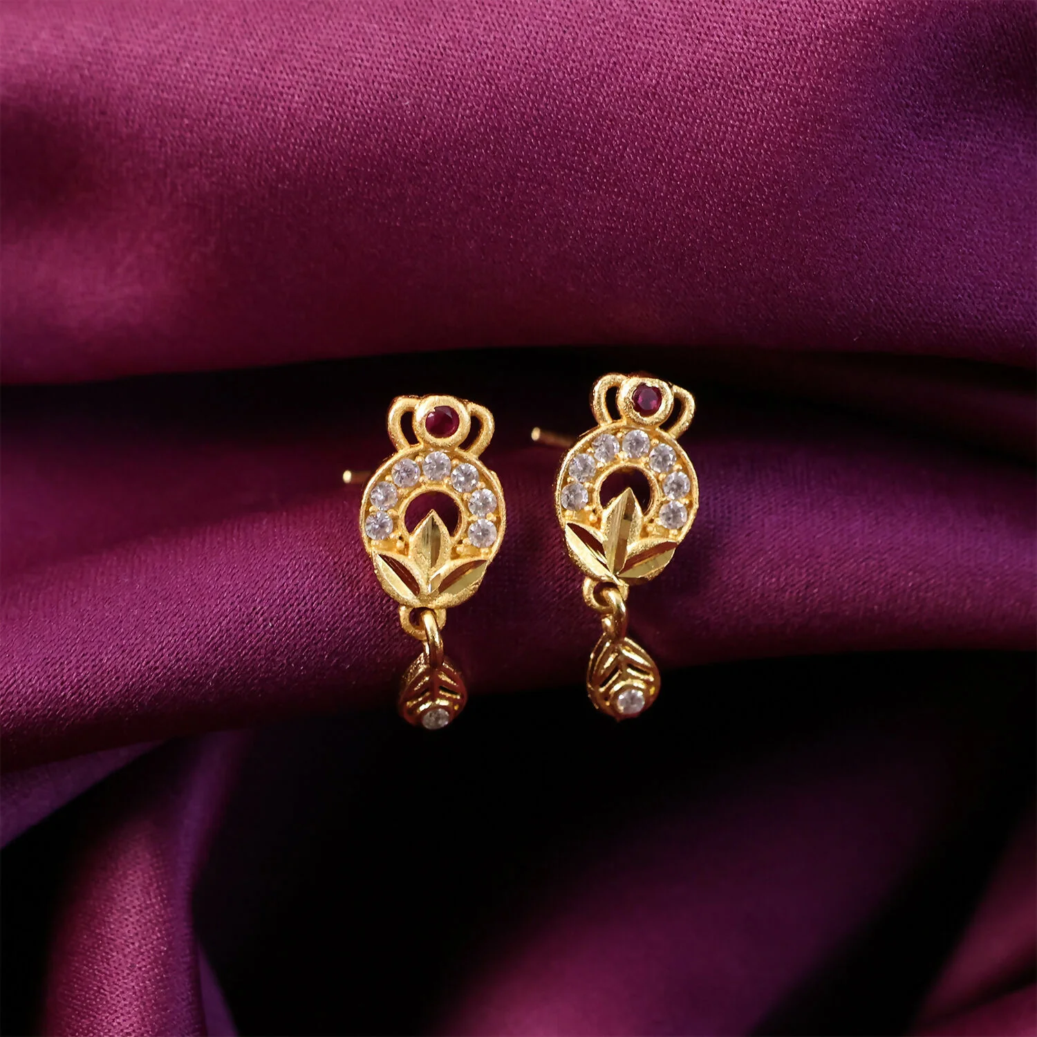 Gold Finish Floral Drop Earrings with Stone Detailing (1 Pair) - Image 2