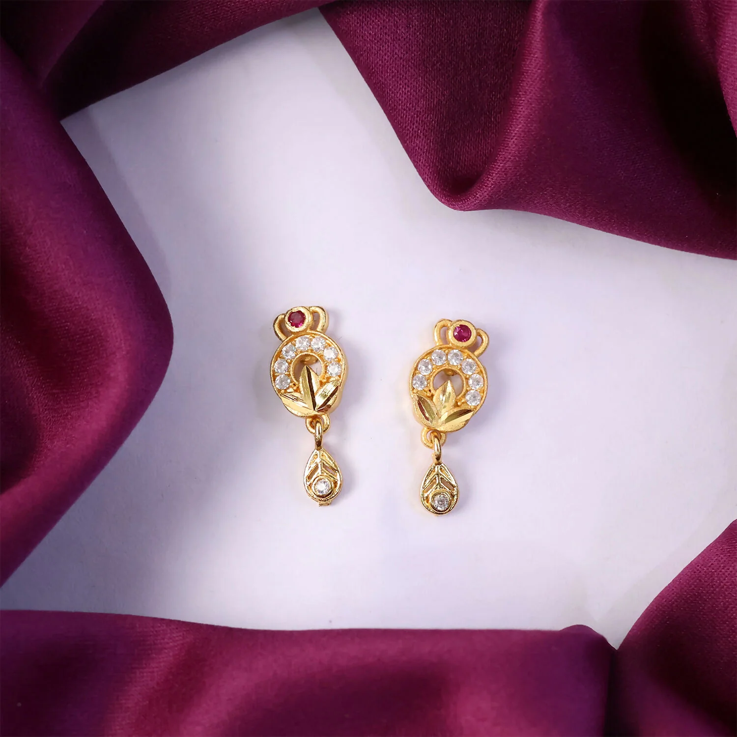 Gold Finish Floral Drop Earrings with Stone Detailing (1 Pair) - Image 3