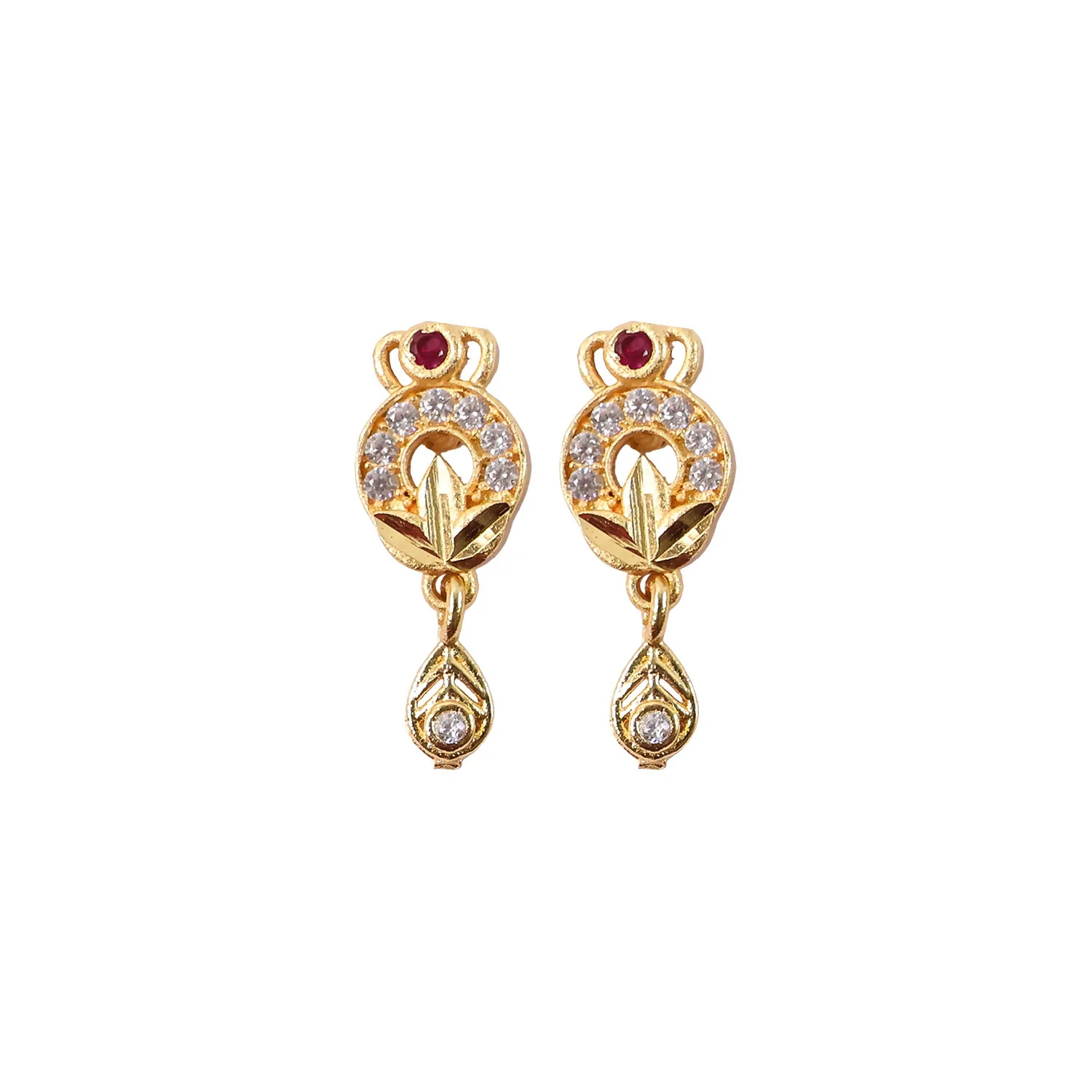 Gold Finish Floral Drop Earrings with Stone Detailing (1 Pair) - Image 5