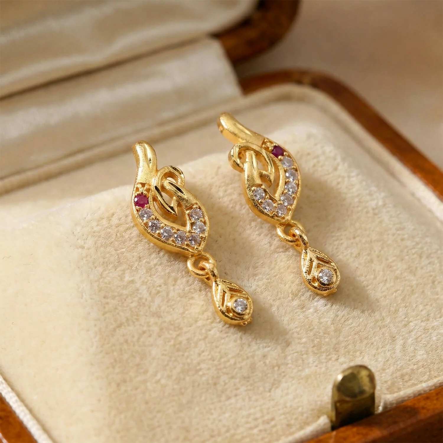 Gold Finish Leaf Design Drop Earrings with Stone Detailing (1 Pair) - Image 2