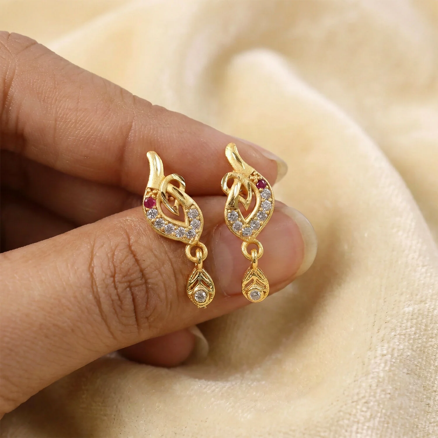 Gold Finish Leaf Design Drop Earrings with Stone Detailing (1 Pair) - Image 3