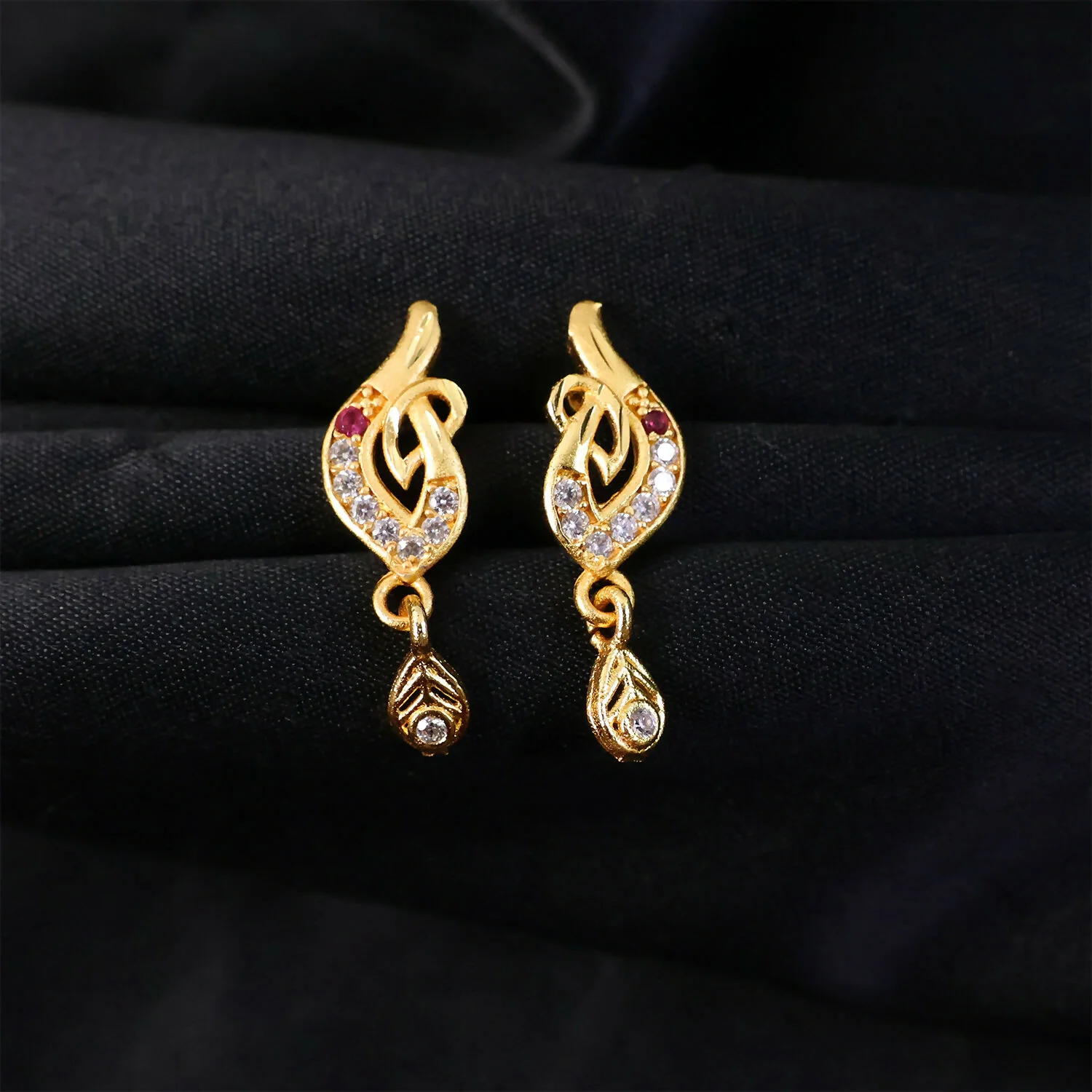 Gold Finish Leaf Design Drop Earrings with Stone Detailing (1 Pair) - Image 4