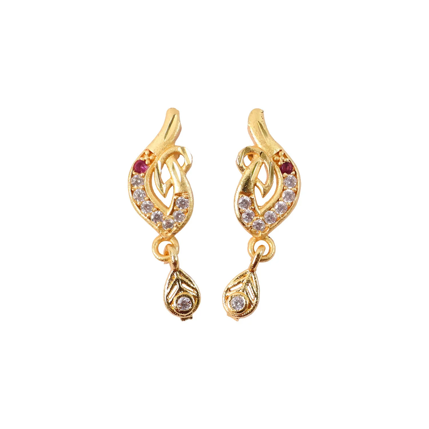 Gold Finish Leaf Design Drop Earrings with Stone Detailing (1 Pair) - Image 5