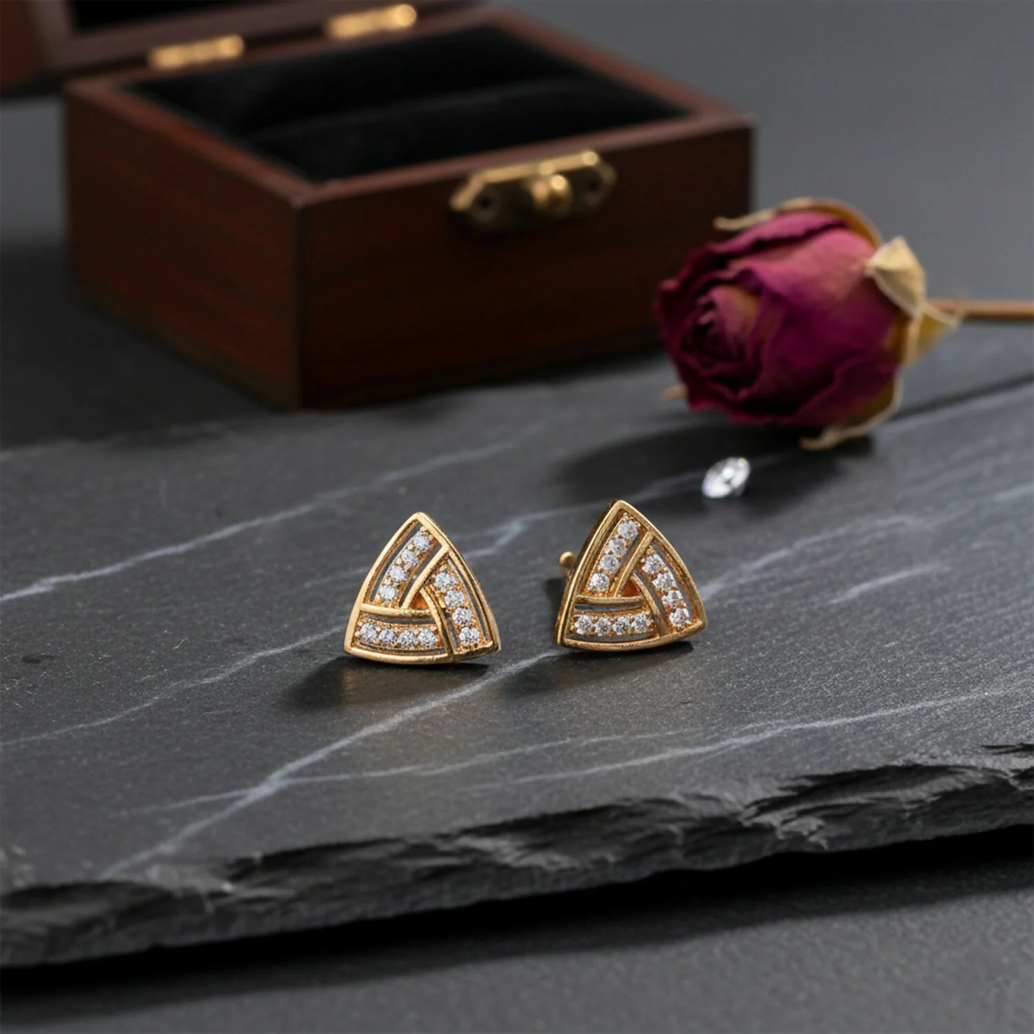 Gold Finish Triangle CZ Stud Earrings for Women – Elegant Daily & Party Wear - Image 2