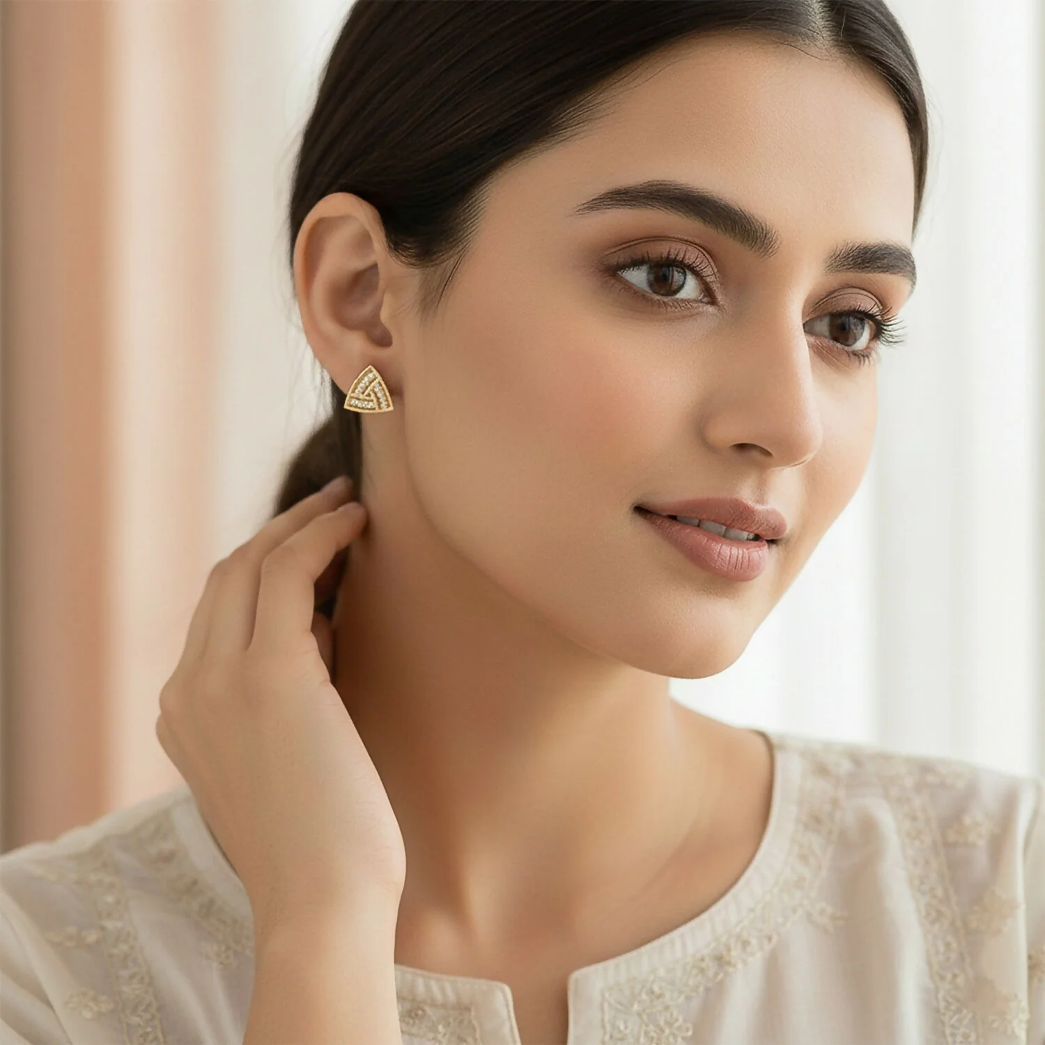 Gold Finish Triangle CZ Stud Earrings for Women – Elegant Daily & Party Wear - Image 3