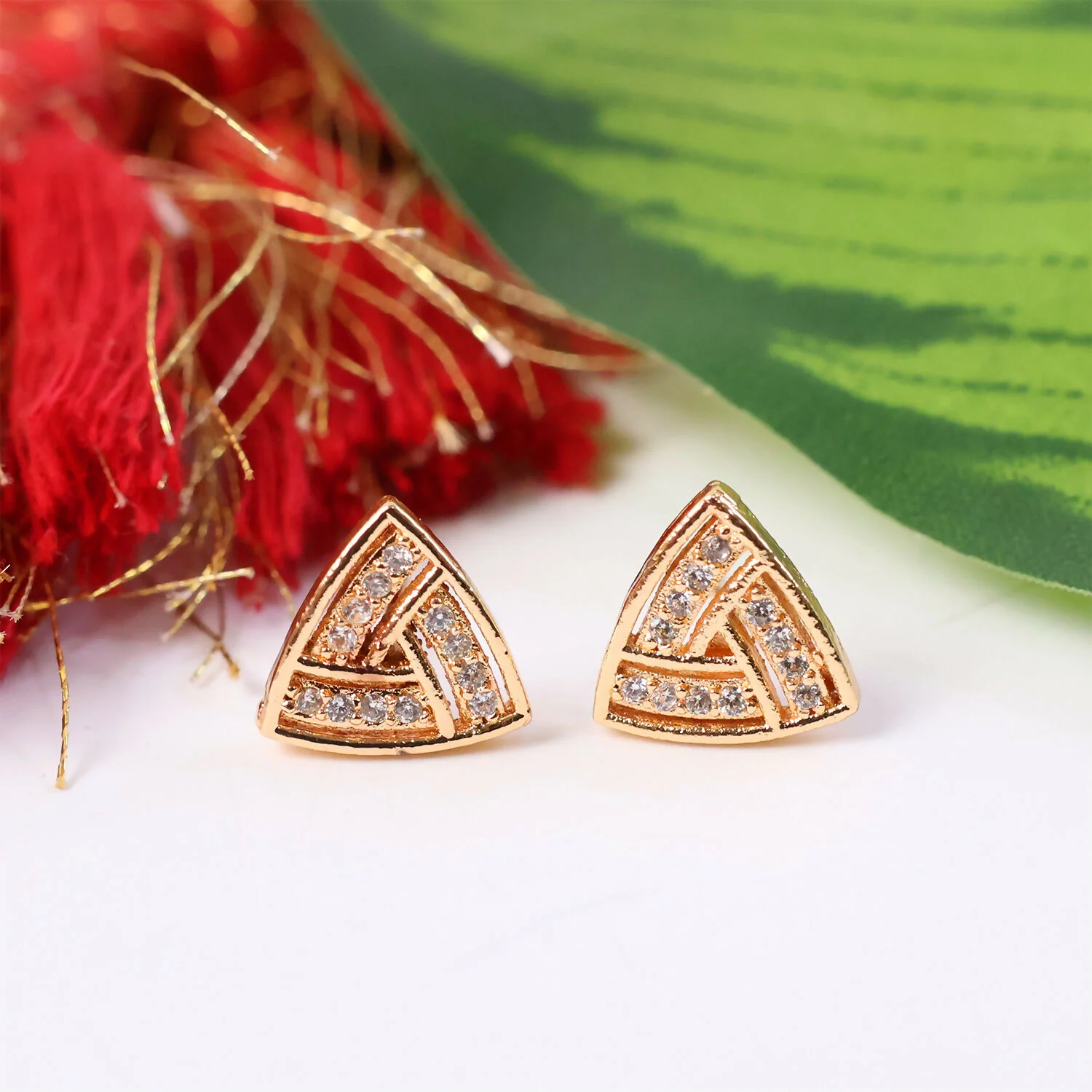 Gold Finish Triangle CZ Stud Earrings for Women – Elegant Daily & Party Wear - Image 4
