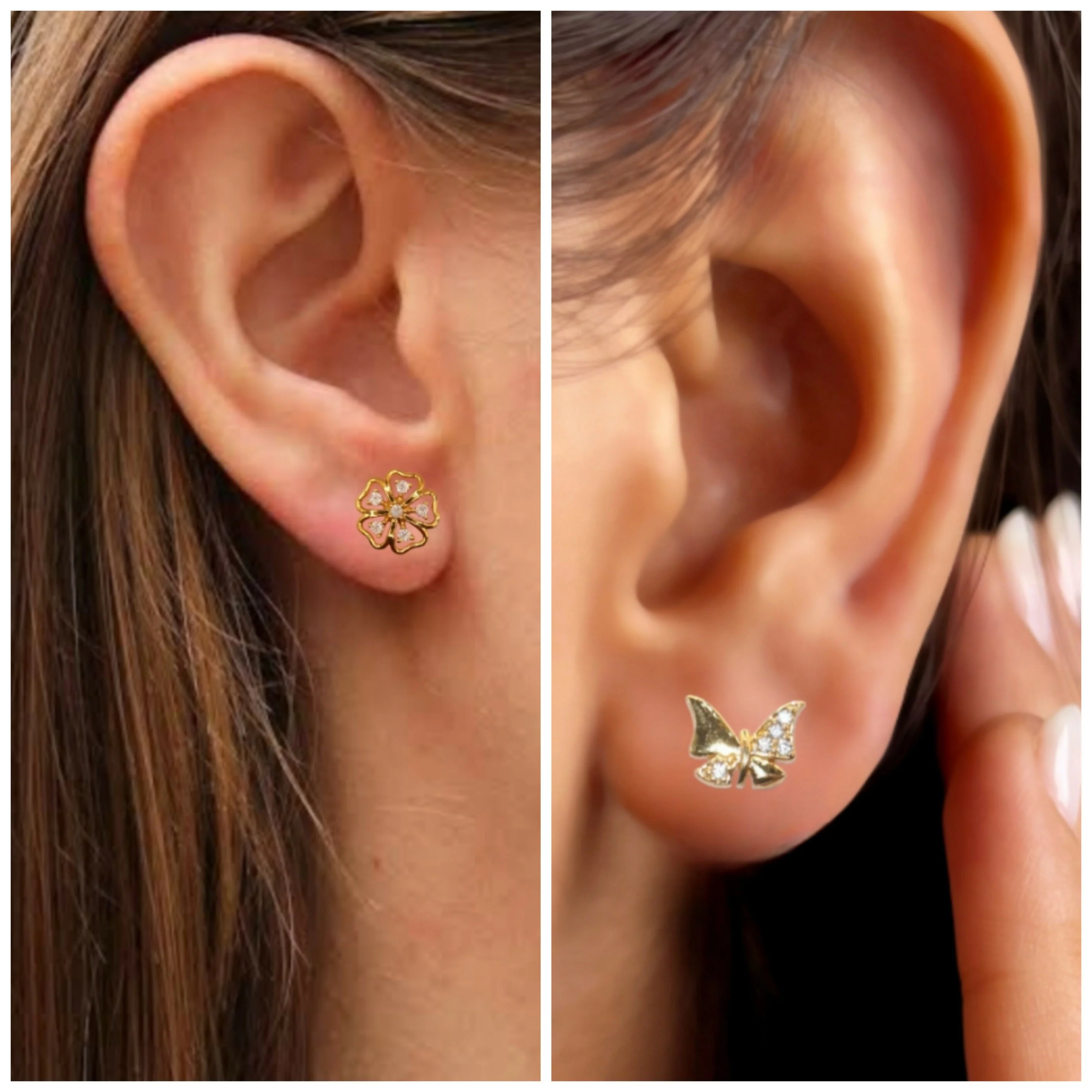 Gold Flower & Butterfly Stud Earrings Set with AD for women & girls Combo Pack of 2 - Image 2