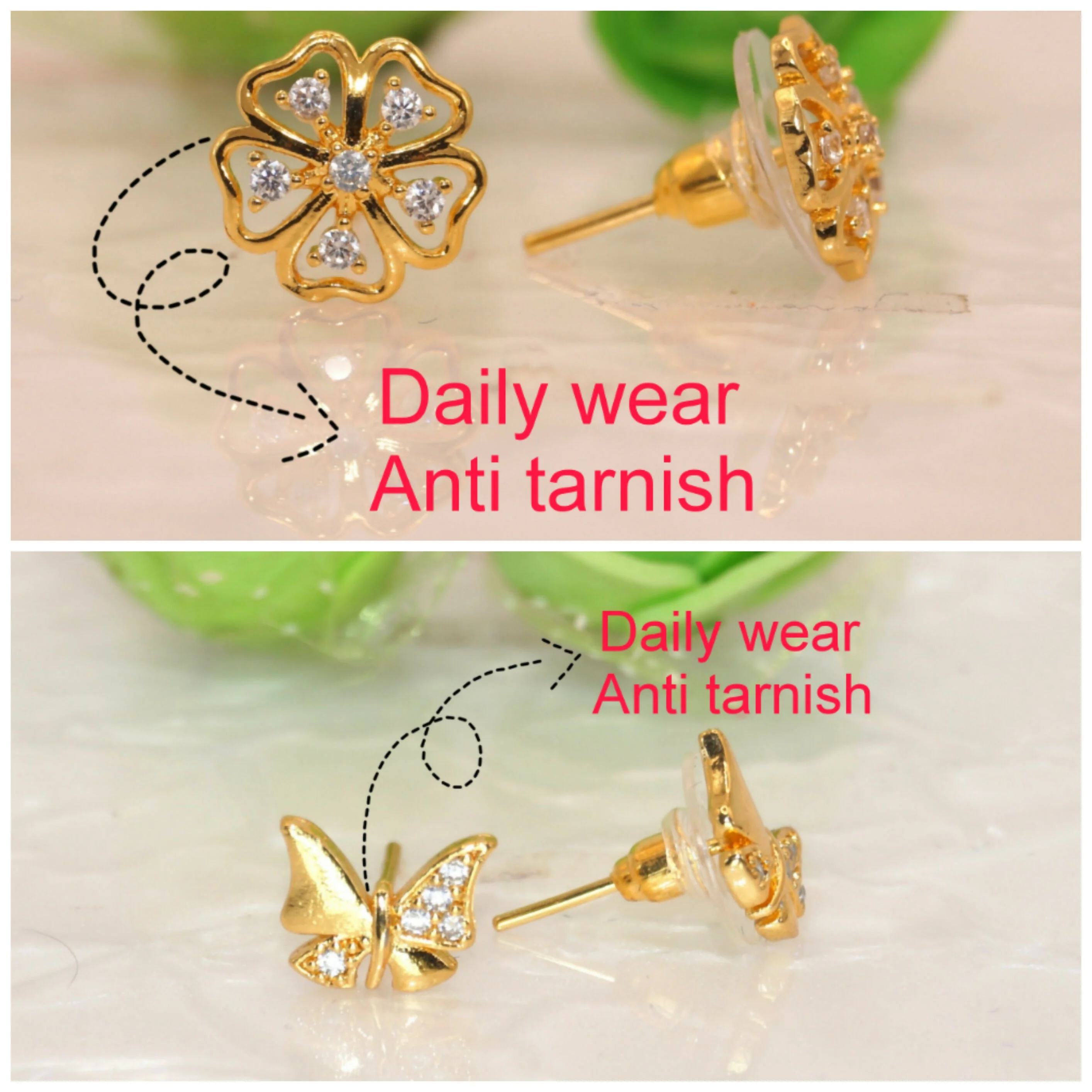 Gold Flower & Butterfly Stud Earrings Set with AD for women & girls Combo Pack of 2 - Image 3
