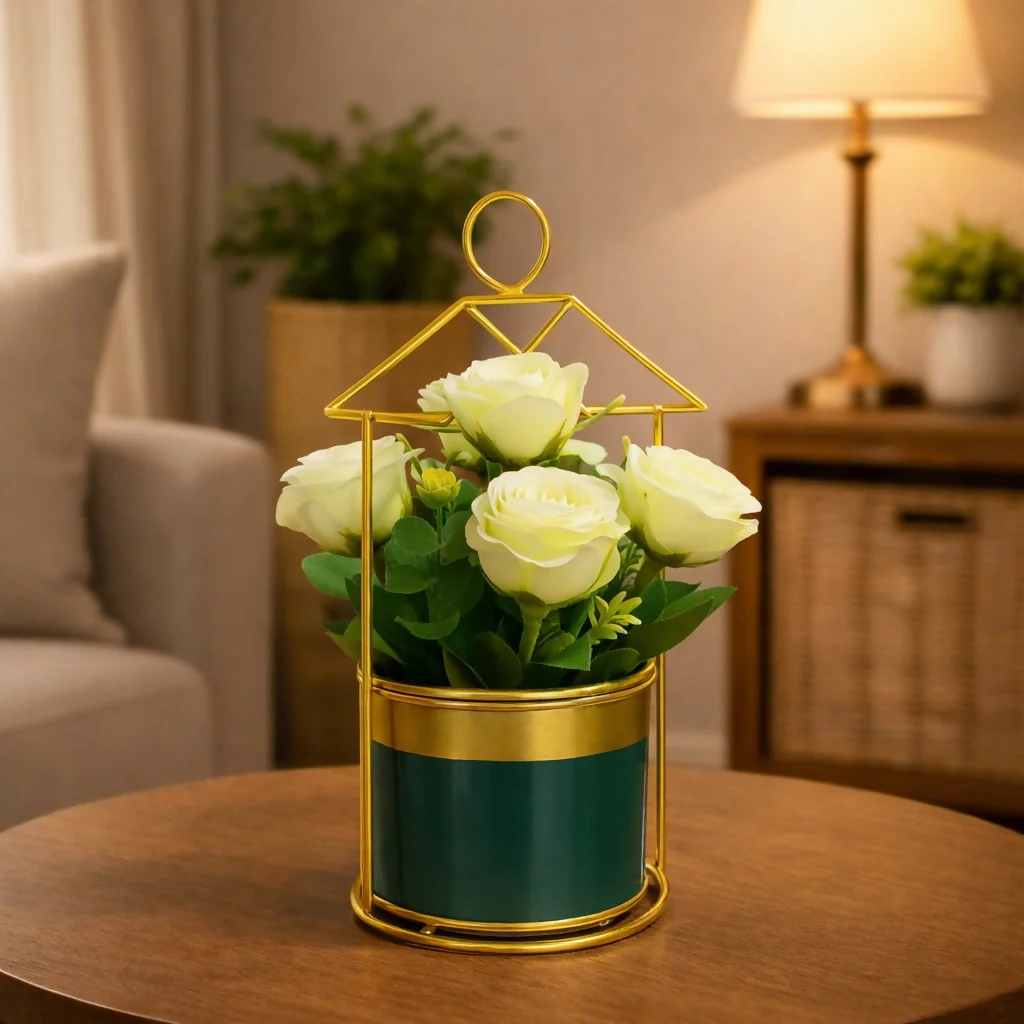 Gold Geometric Tabletop Planter with Decorative Pot - Image 3