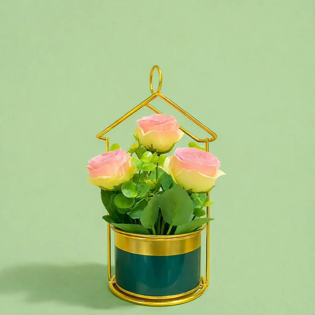 Gold Geometric Tabletop Planter with Decorative Pot - Image 4