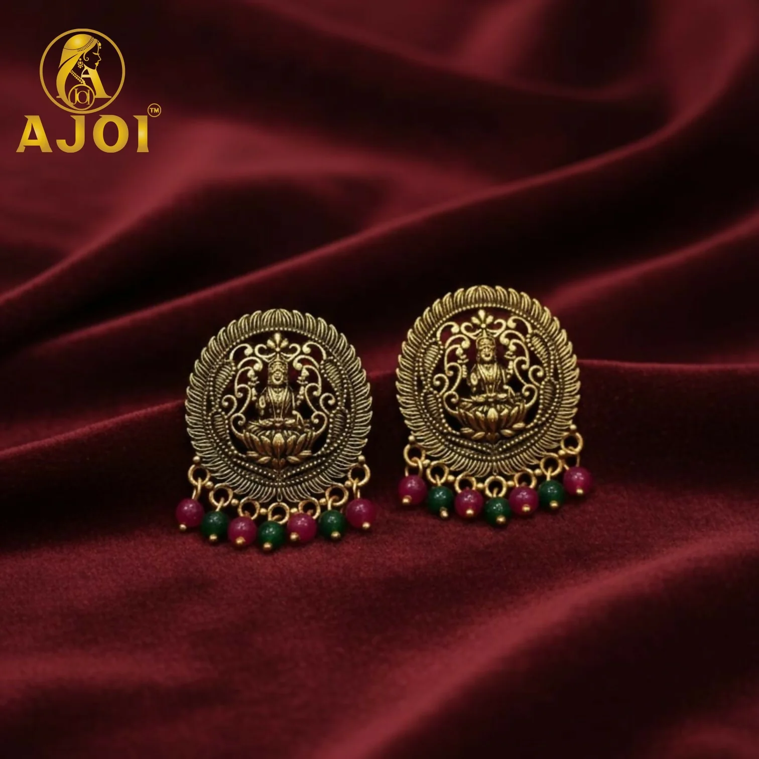 Gold Lakshmi Temple Stud Earrings - Image 3