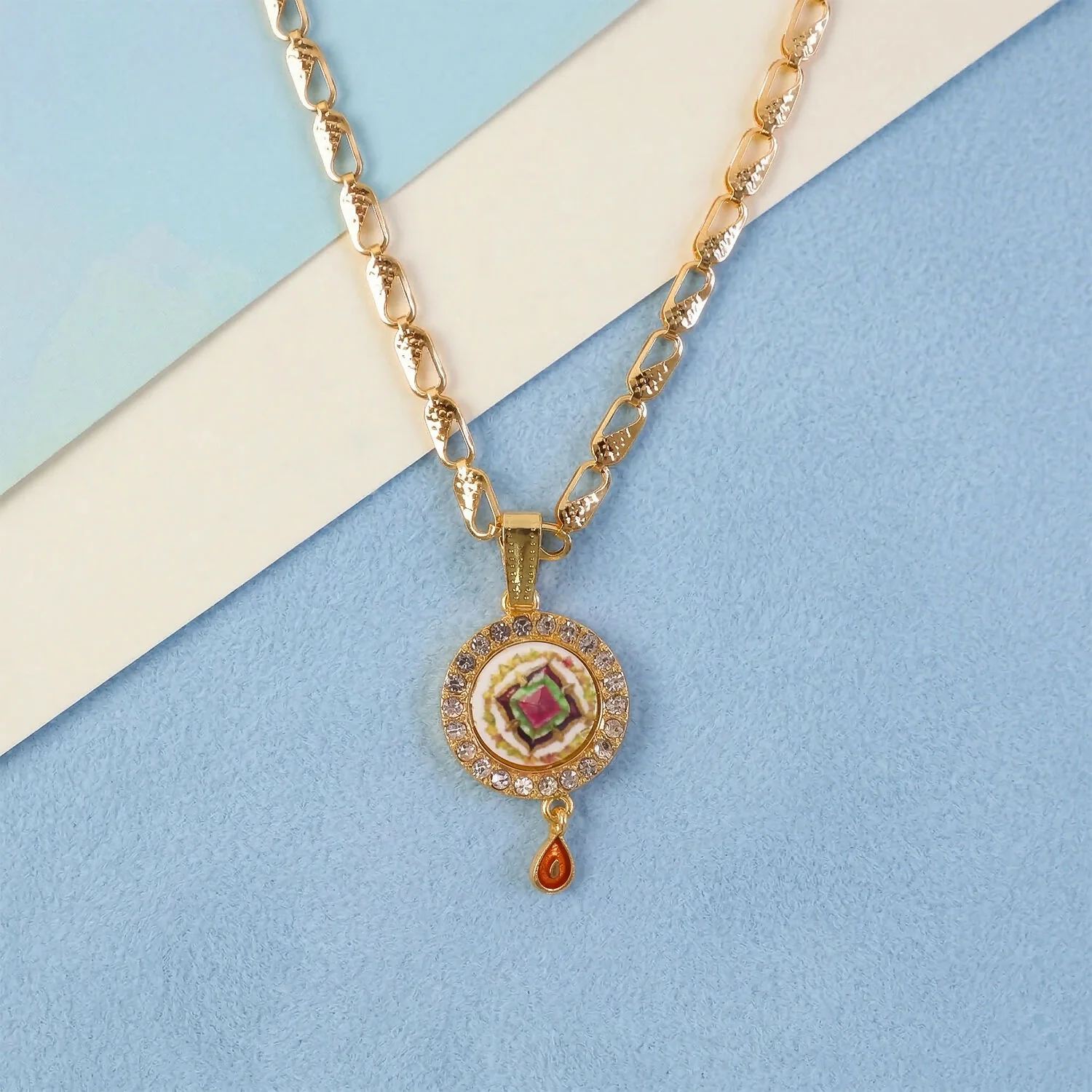 Gold Pendant Necklace with Colorful Mandala & Stone Border - Image 2