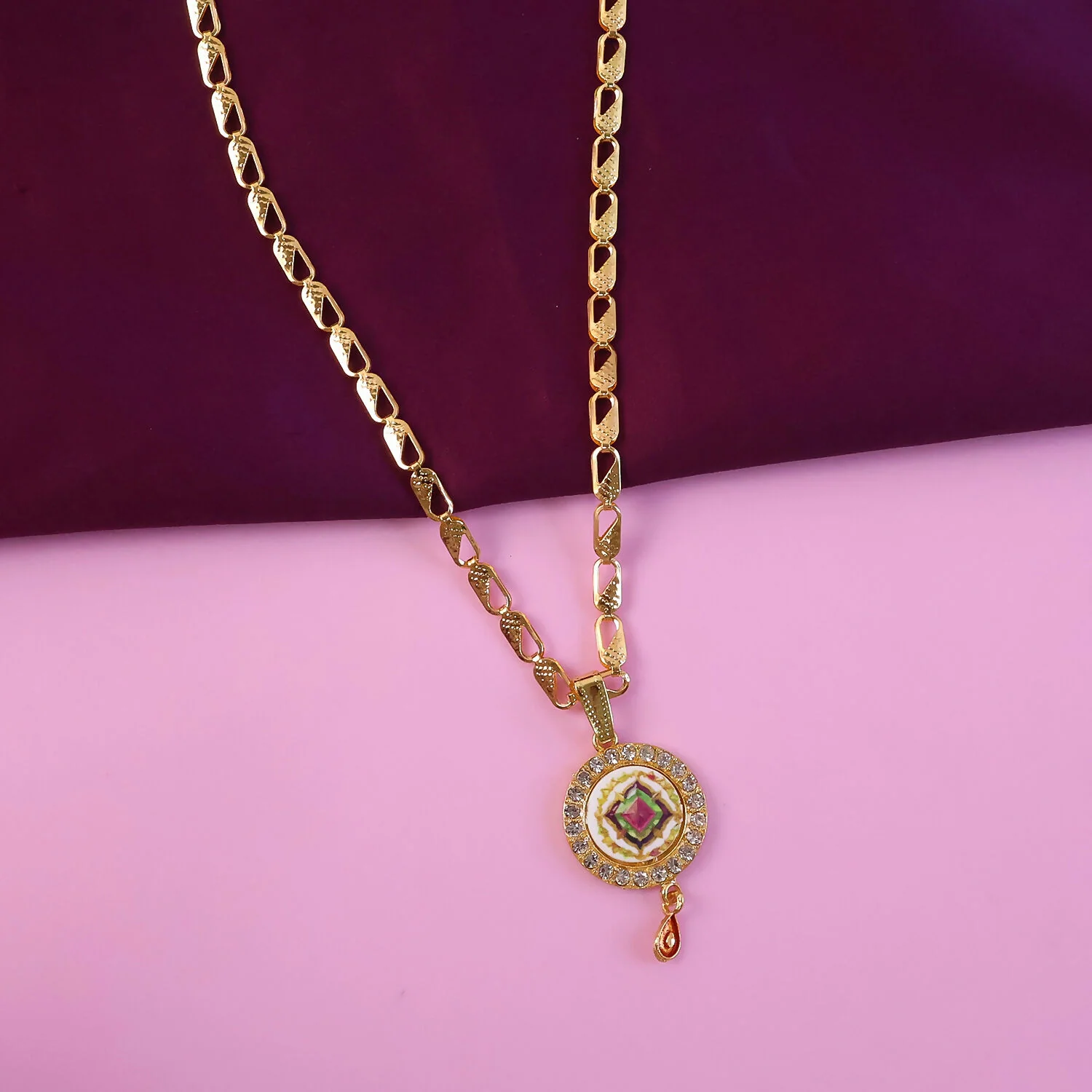 Gold Pendant Necklace with Colorful Mandala & Stone Border - Image 3