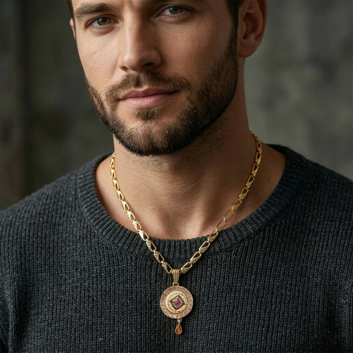 Gold Pendant Necklace with Colorful Mandala & Stone Border - Image 4