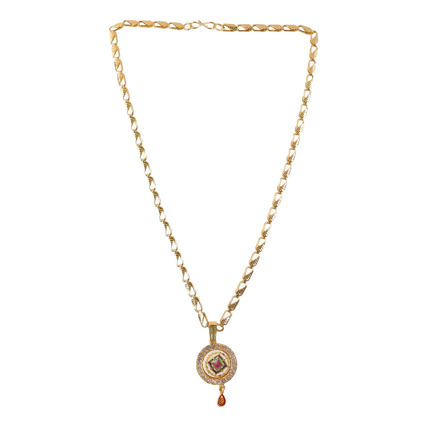 Gold Pendant Necklace with Colorful Mandala & Stone Border - Image 5