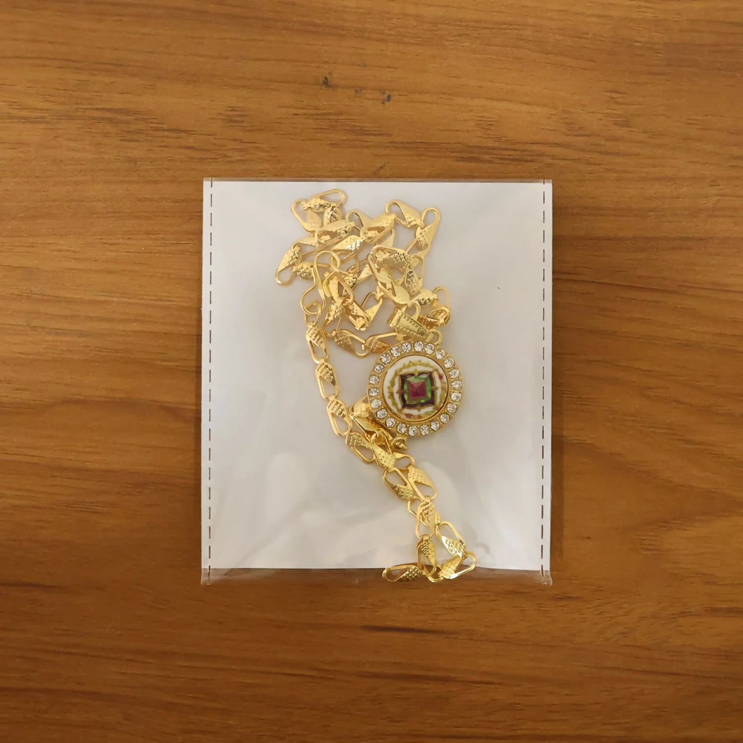 Gold Pendant Necklace with Colorful Mandala & Stone Border - Image 6
