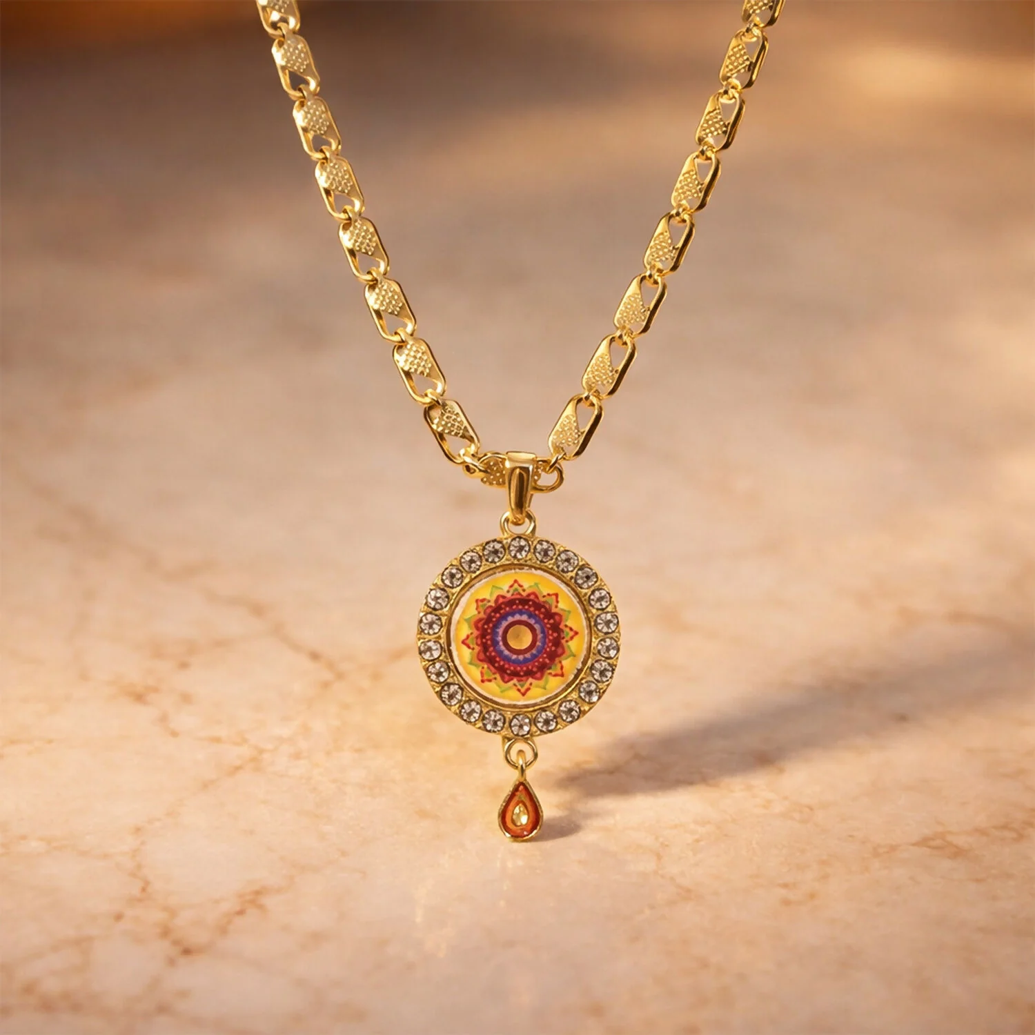 Gold Pendant Necklace with Mandala Design & Stone Detailing - Image 2