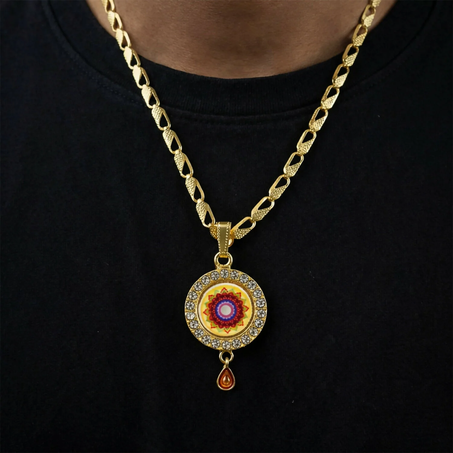 Gold Pendant Necklace with Mandala Design & Stone Detailing - Image 3