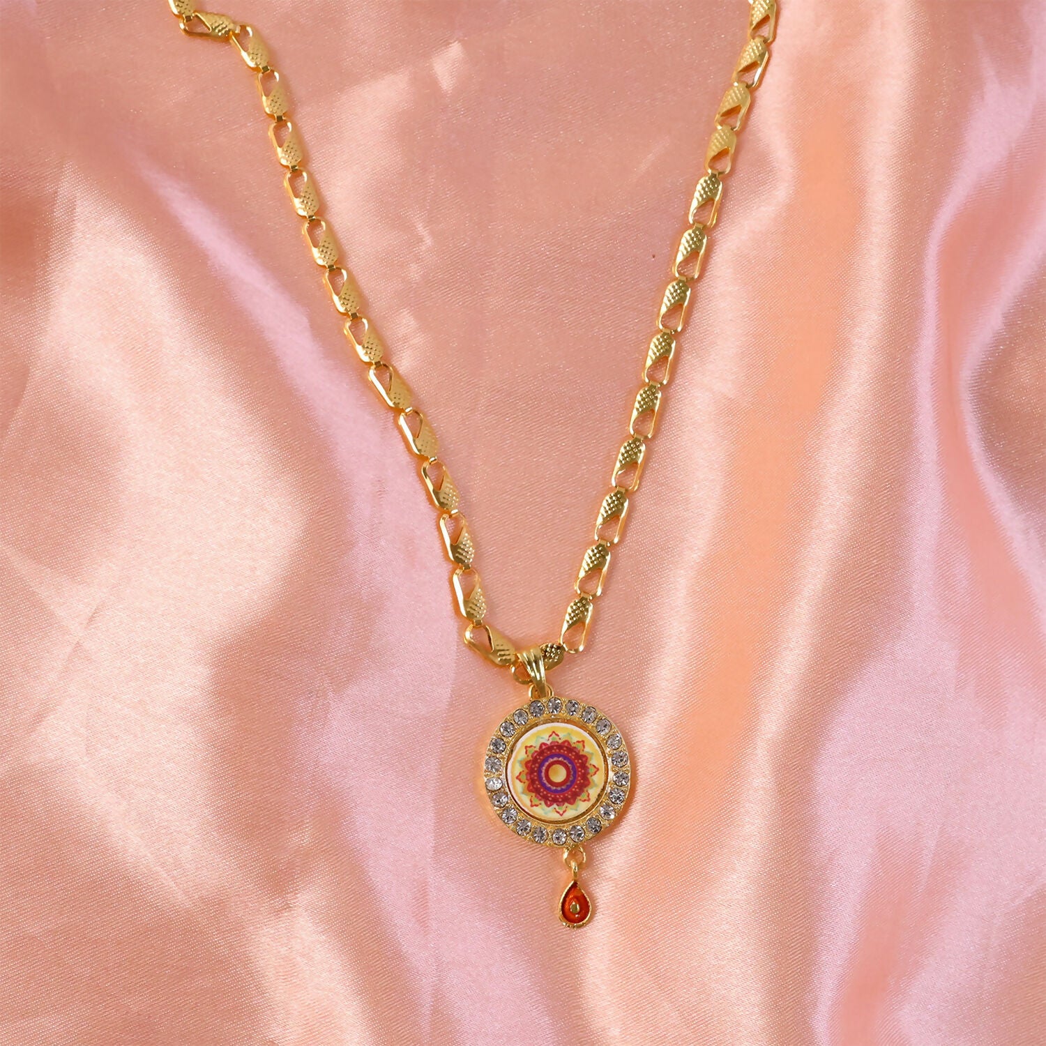 Gold Pendant Necklace with Mandala Design & Stone Detailing - Image 4