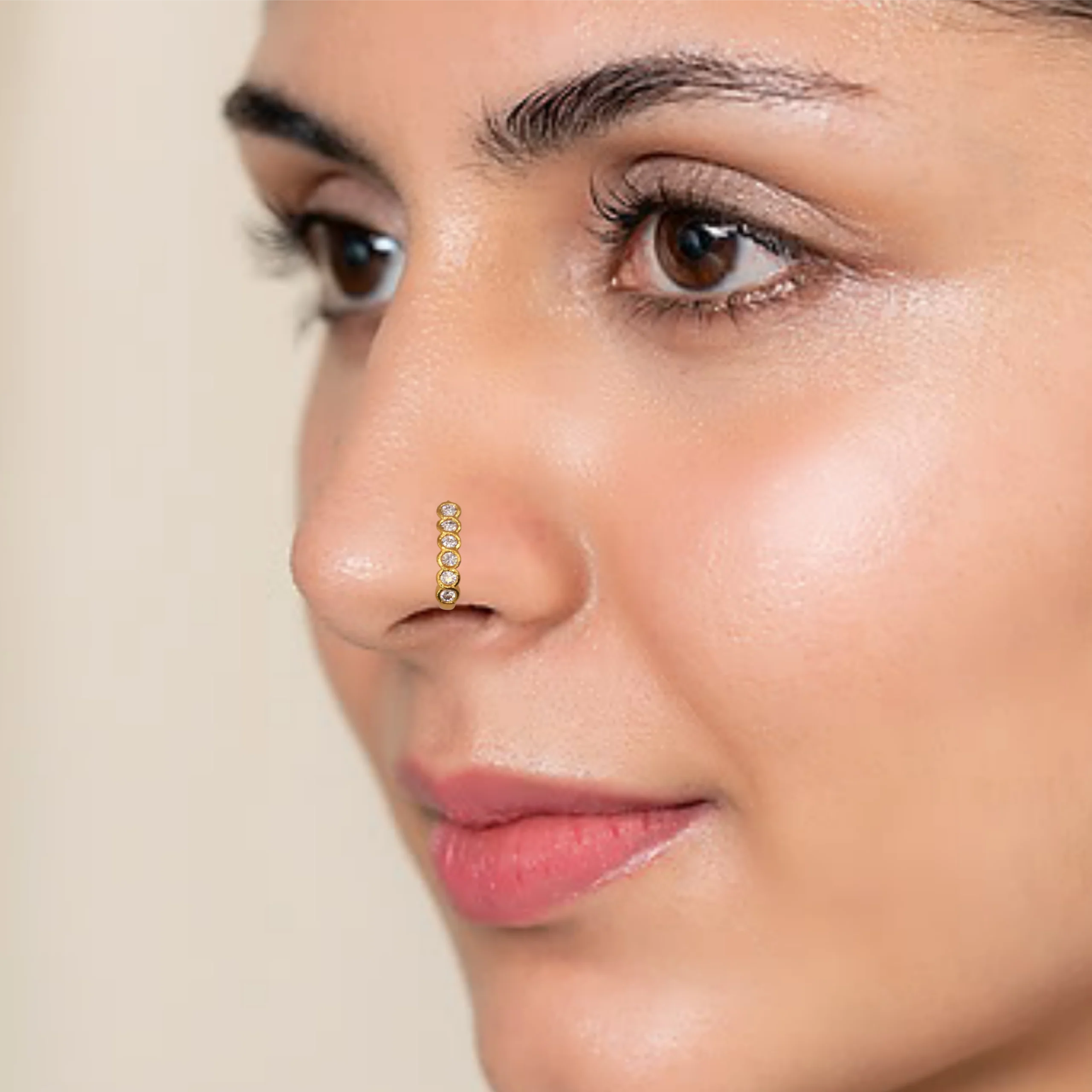 Gold Plated 6-Stone Line Clip-On Nose Pin | Non-Pierced AD Nath - Image 2