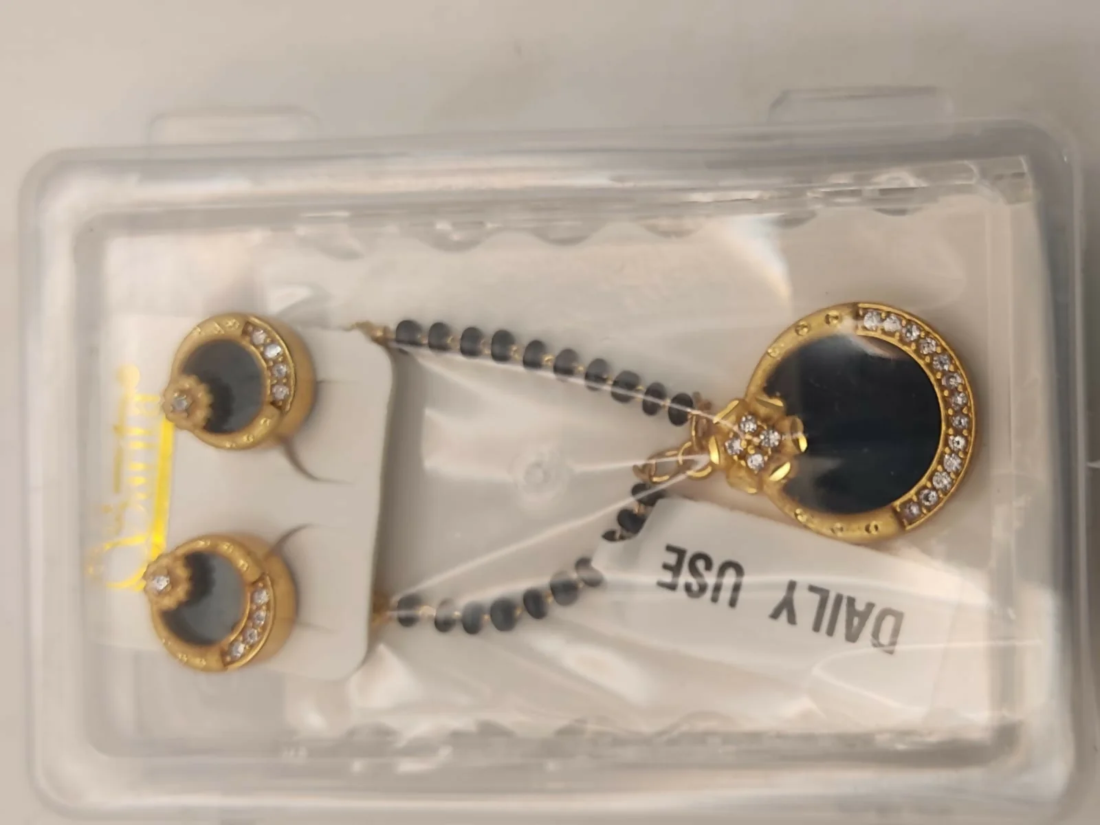 Gold Plated AD Circular Stud Earrings and mangalsutra with Grey Stone for women - Image 4