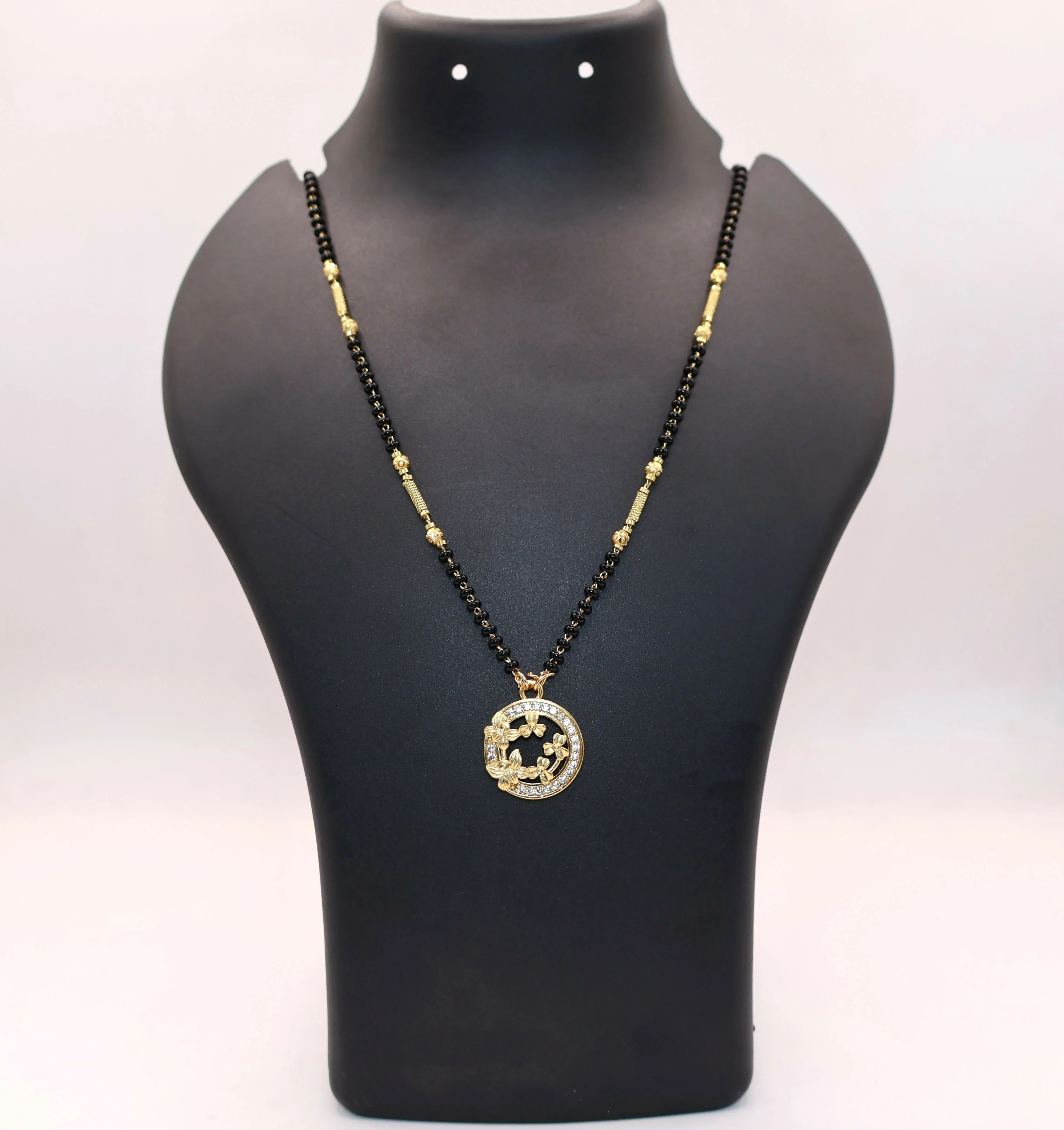 Gold-Plated AD Floral Circle Mangal sutra with Black Beads For women - Image 3