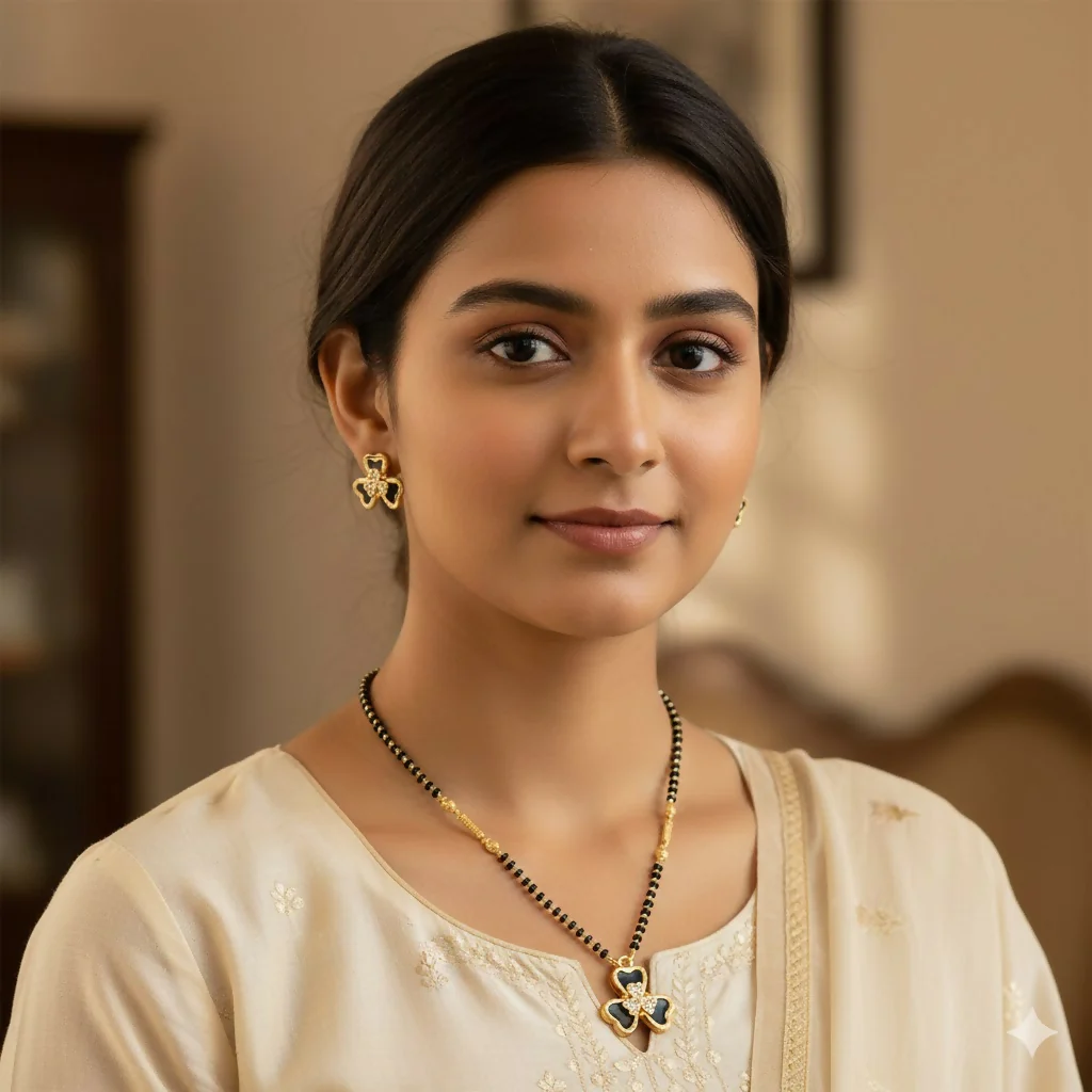 Gold-Plated AD Floral Mangalsutra Set with Clover Stud Earrings for women - Image 2
