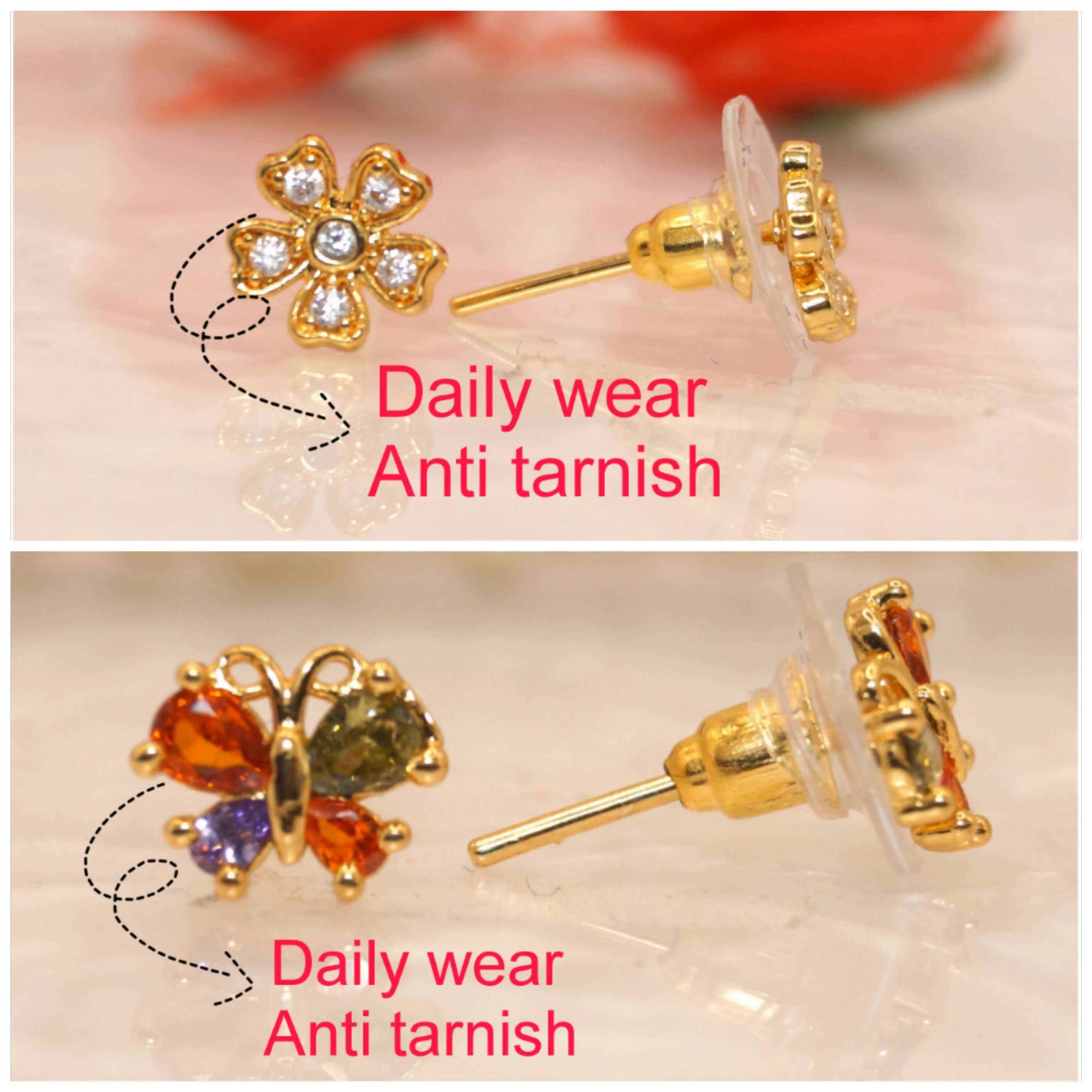 Gold-Plated AD Flower & Colorful Butterfly Stud Earrings Set for women & girls Combo Pack of 2 - Image 2