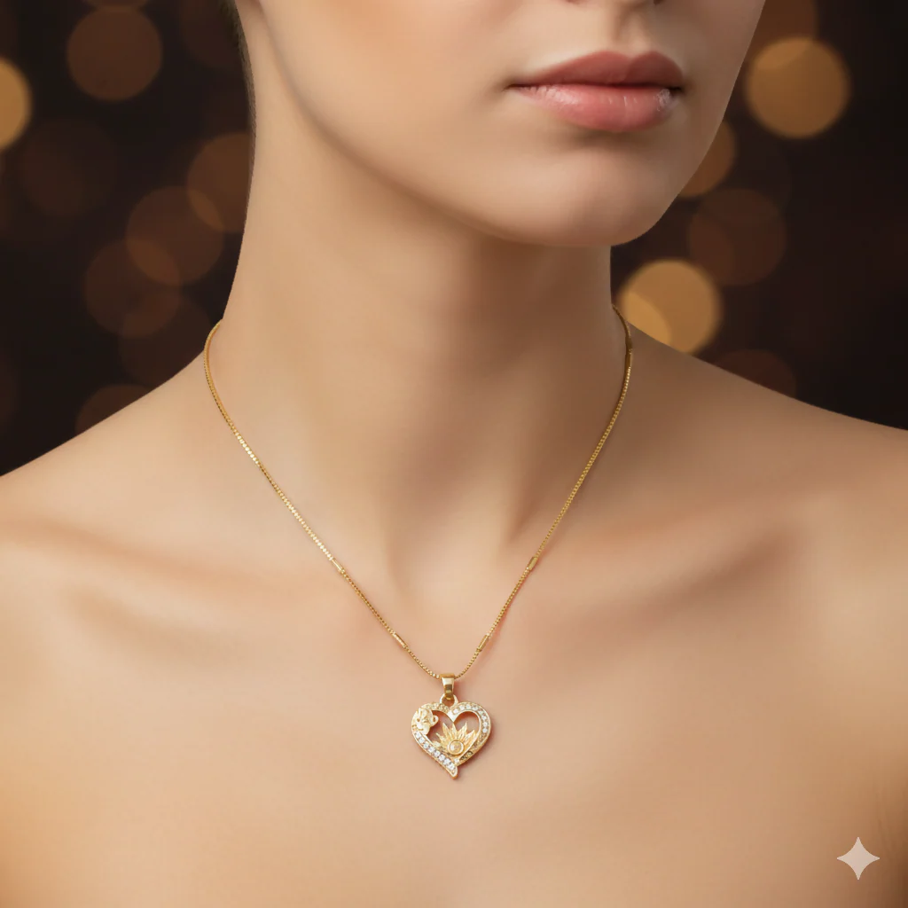 Gold Plated AD Heart Butterfly & Lotus Pendant Necklace For women and girls - Image 2